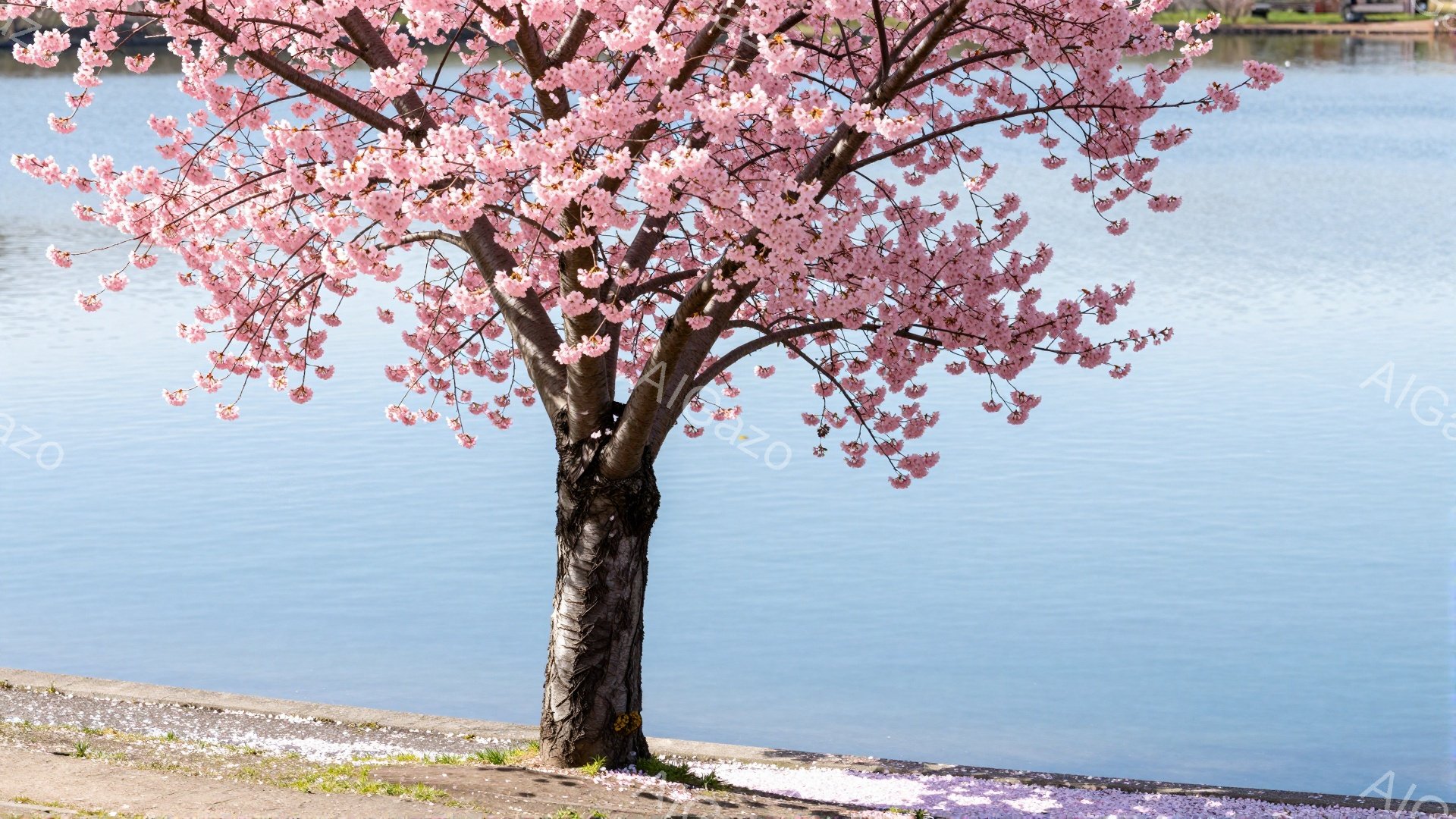 桜の木が水辺に咲き誇り、淡いピンク色の花びらが風に舞っている様子が捉えられています。木の根元には散った花びらが敷き詰められ、水面は穏やかに輝き、春の暖かな雰囲気を伝えています。背景には水面が広がり、静 - AI生成フリー素材
