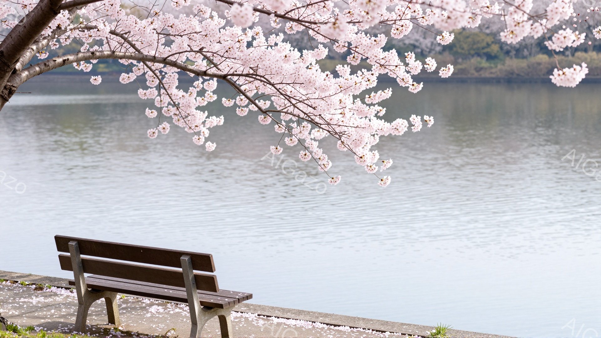 公園の遊歩道に置かれた木製のベンチが写っている。桜の花びらがベンチと遊歩道一面に散りばめられ、背景には穏やかな水面が広がり、春の穏やかな雰囲気を醸し出している。空は晴れており、水面に反射してキラキラと輝いている。