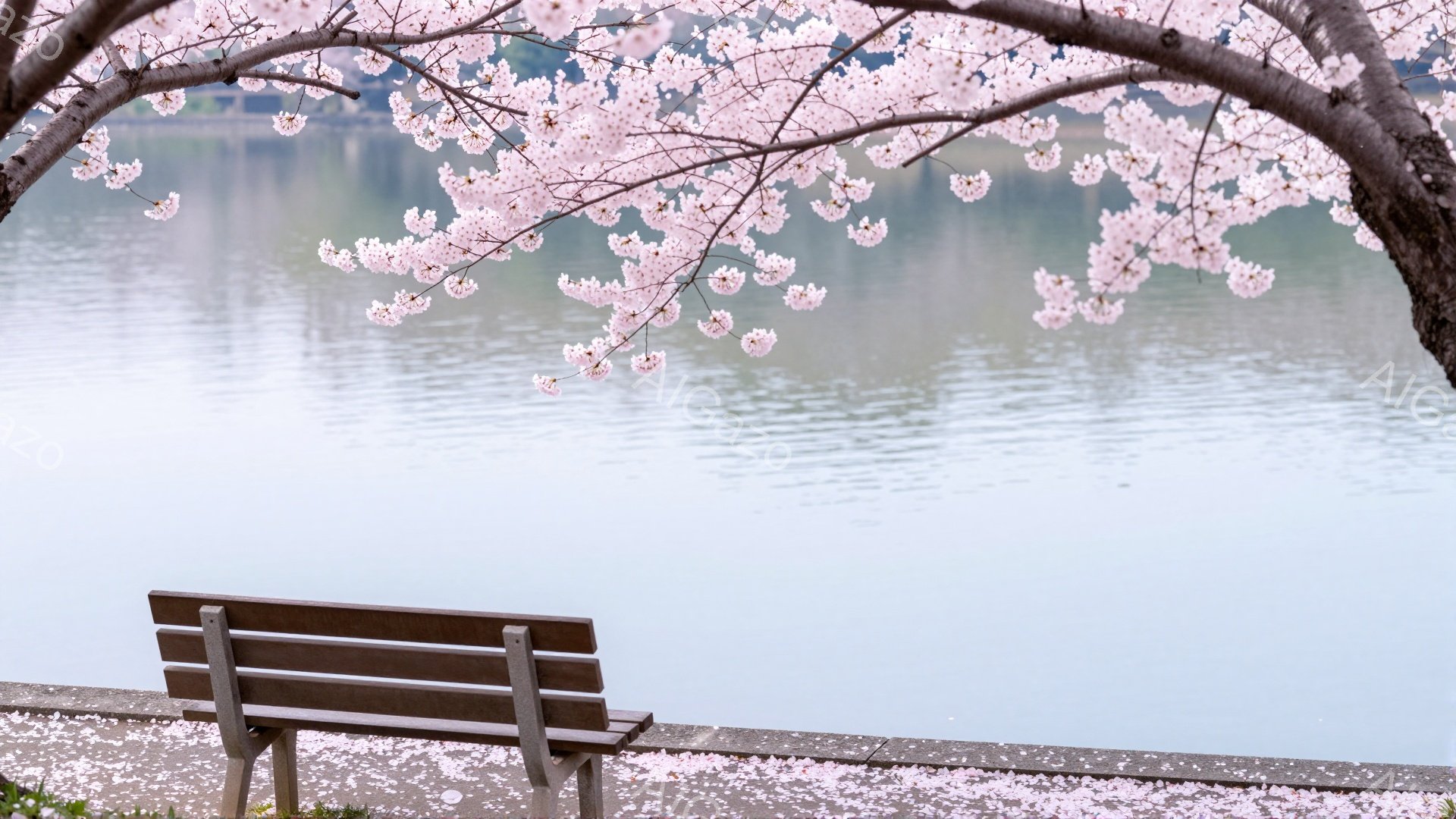 公園のベンチが、穏やかな水面を背景に佇んでいます。桜の花びらが地面を覆い、ベンチの周りにも舞い散っており、春の暖かさと静けさが感じられます。水面は穏やかで、空の色を映し出し、全体的に淡い色彩で統一された、平和な情景です。