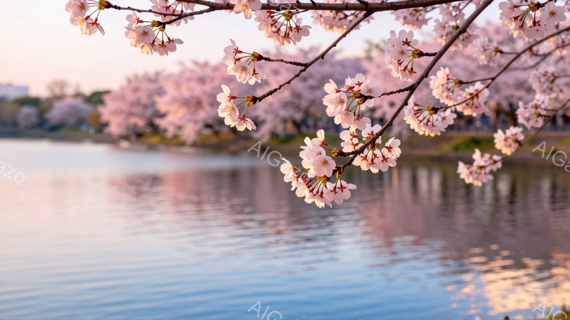 桜の花びらが咲き誇る枝が、穏やかな水面に反射する様子が捉えられています。水面はピンク色に染まり、背景にはぼんやりと緑の木々と建物が見え、春の暖かな日差しを感じさせます。全体的に柔らかく、幻想的な雰囲気 - AI生成フリー素材