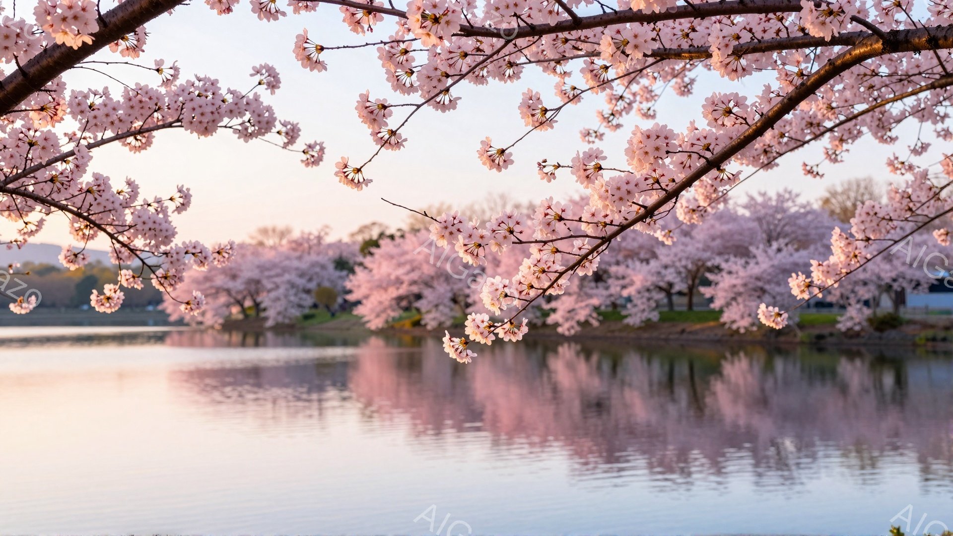 穏やかな湖面に桜並木が映り込み、春の優しい光に包まれています。桜の花びらは淡いピンク色で、水面と空のグラデーションと調和し、幻想的な雰囲気を醸し出しています。遠くには緑の丘が見え、春の穏やかさと希望に - AI生成フリー素材