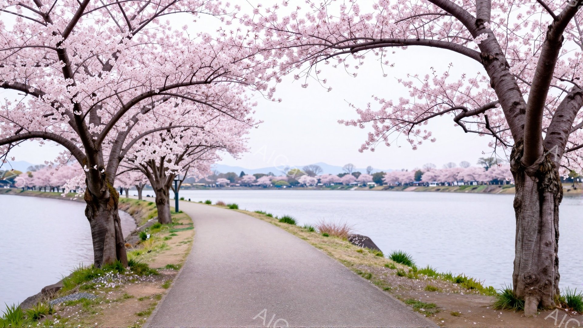 桜並木が続く遊歩道を、水面が穏やかに広がっている風景です。道沿いには緑が芽吹き、遠くには霞んだ山並みが望め、春の穏やかな陽気が感じられます。人々は散歩を楽しんでいるようですが、詳細ははっきりとは見えません。