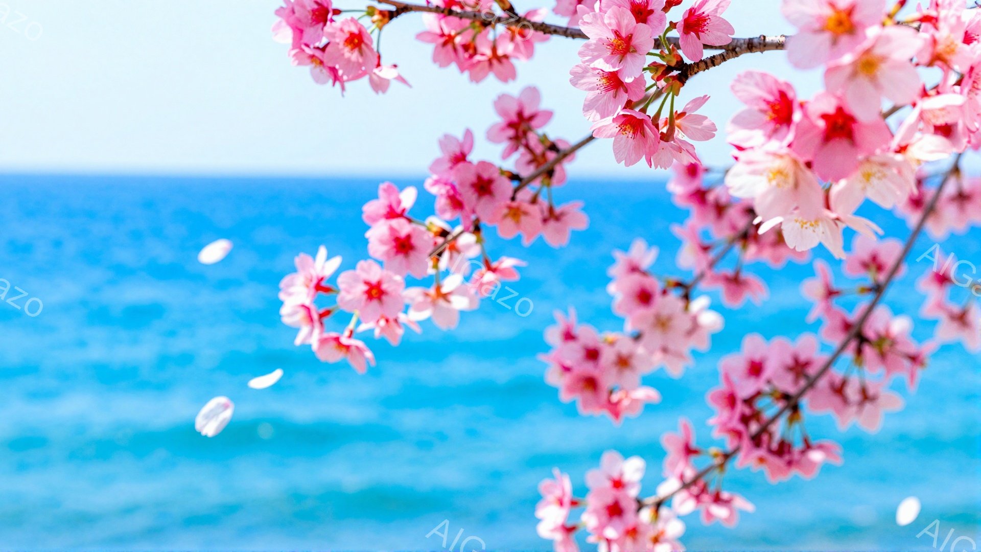 桜の花びらが舞い散る、春の海岸の風景です。鮮やかなピンク色の桜の花が手前に大きく広がり、背景には青く輝く海が広がっています。穏やかな春の陽気に包まれた、優しく幻想的な雰囲気が漂っています。 - AI生成フリー素材