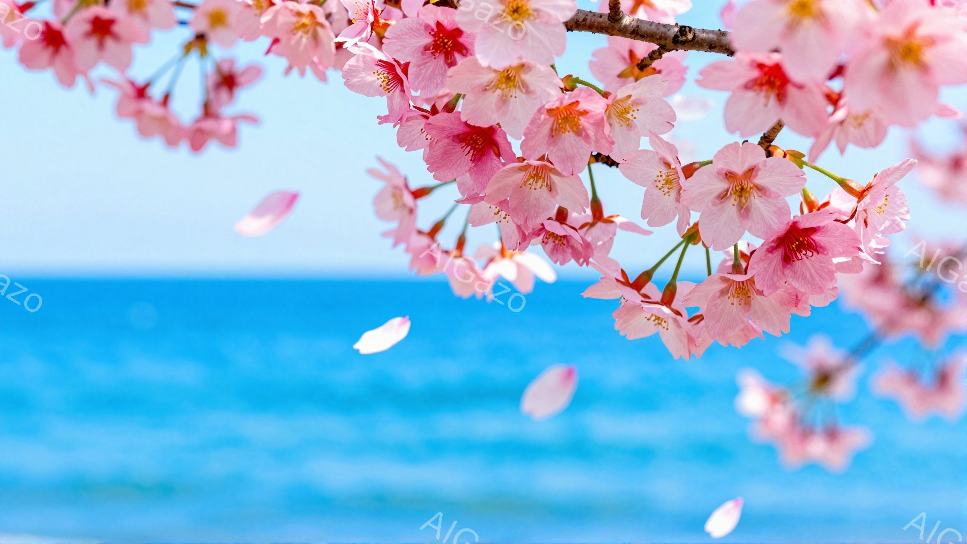 桜の花びらが舞い散る美しい風景です。青い海を背景に、ピンク色の桜が咲き誇り、春の暖かさと穏やかさを感じさせます。花びらが海風に乗り、幻想的な雰囲気を醸し出しています。 - AI生成フリー素材