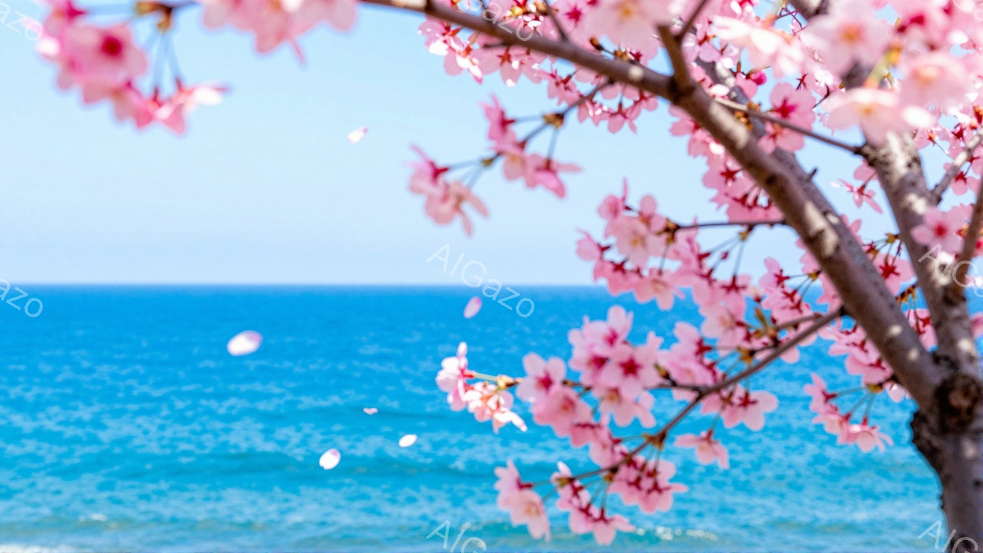 桜の花びらが舞い散る、春の海岸の風景です。青く輝く海と、ピンク色の桜のコントラストが美しい一枚です。穏やかな波の音と、桜の香りが感じられる、平和で穏やかな雰囲気です。