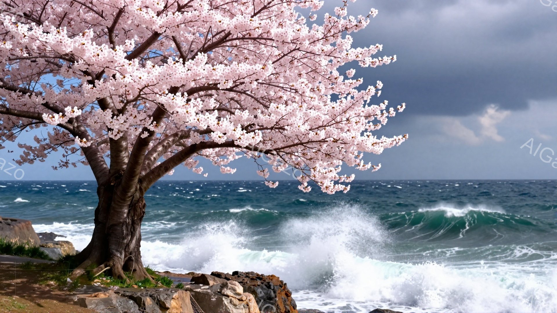 海岸沿いに桜の木が咲き誇り、青々とした海が荒々しく波打っている様子が描かれている。空は暗雲に覆われ、嵐のような天候を暗示しているが、桜の淡いピンク色がそのコントラストを際立たせている。岩場や緑の草むらが桜の木の根元にあり、自然の力強さと春の儚さを同時に感じさせる光景だ。