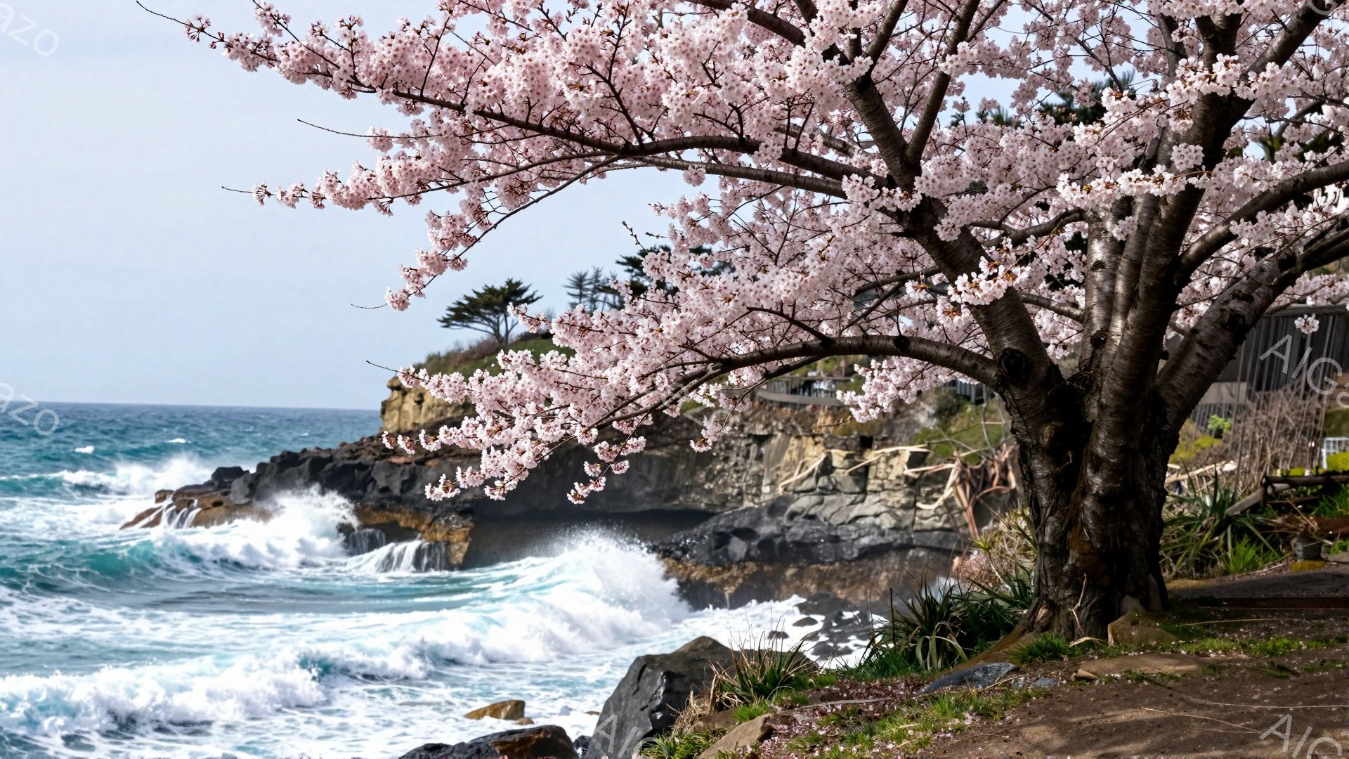 海岸線に打ち寄せる荒々しい波と、その横に咲き誇る桜のコントラストが印象的な風景です。岩場と緑の草むらが桜の根元に広がり、背景には海岸沿いの道と建物が見えます。全体的に、春の訪れを感じさせる、力強くも美しい情景です。