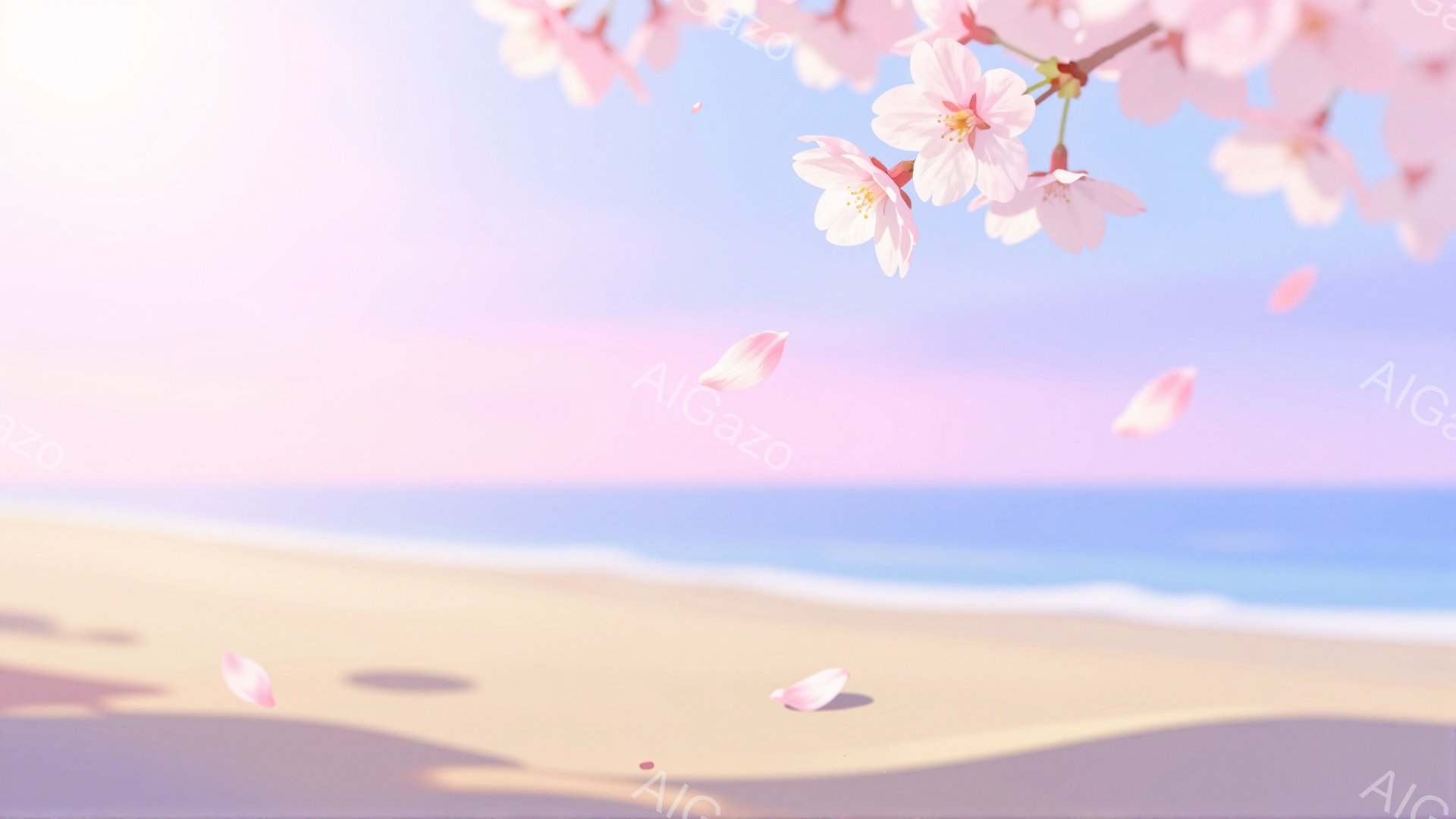 海岸線が広がる穏やかな風景で、桜の花びらが舞い散っている。空は淡いピンク色と水色が混ざり合い、柔らかい光が全体を包み込んでいる。砂浜はベージュ色で、波の音が聞こえてきそうな静かで美しい情景である。