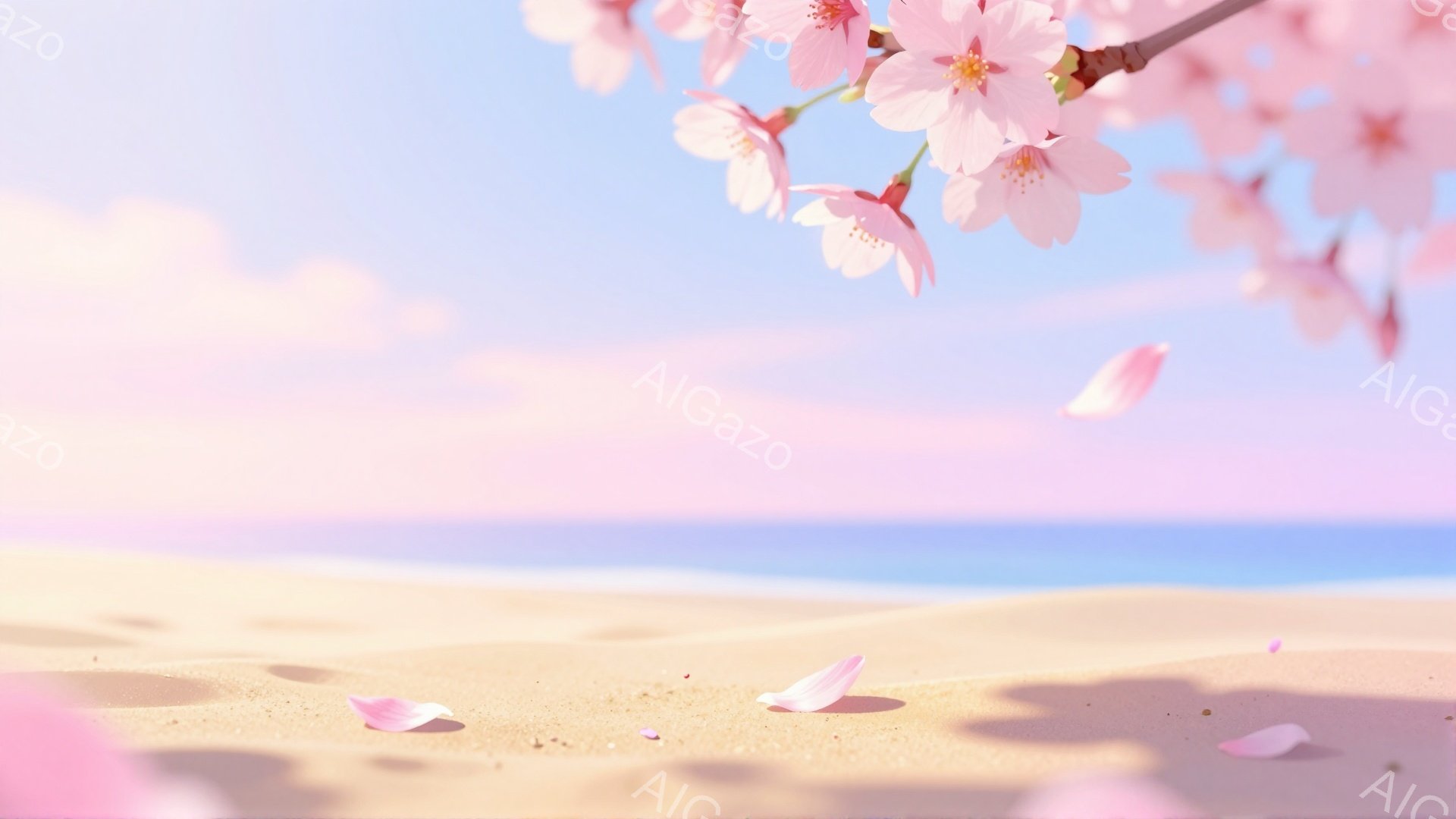 柔らかいピンク色の桜の花びらが、青い海と黄金色の砂浜の上に舞い散る様子が描かれています。穏やかな晴天の下、空はパステルカラーで彩られ、全体的に幻想的で穏やかな雰囲気を醸し出しています。海は静かで穏やかで、春の暖かさと優しさを感じさせる美しい光景です。
