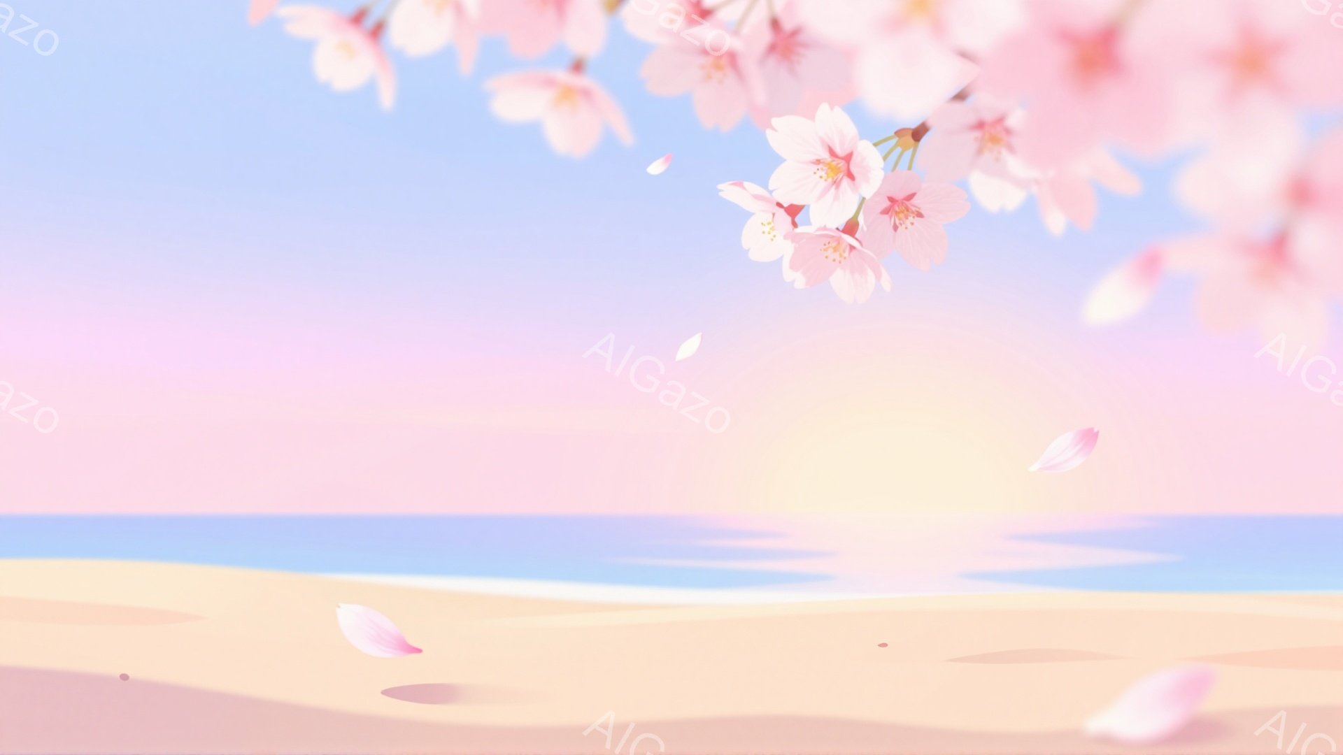 桜の花びらが舞い散る、穏やかな海辺の風景です。空と海は淡いピンクと青のグラデーションで、夕焼けのような暖かさを感じさせます。砂浜は黄金色で、春の穏やかな陽気を象徴しています。 - AI生成フリー素材