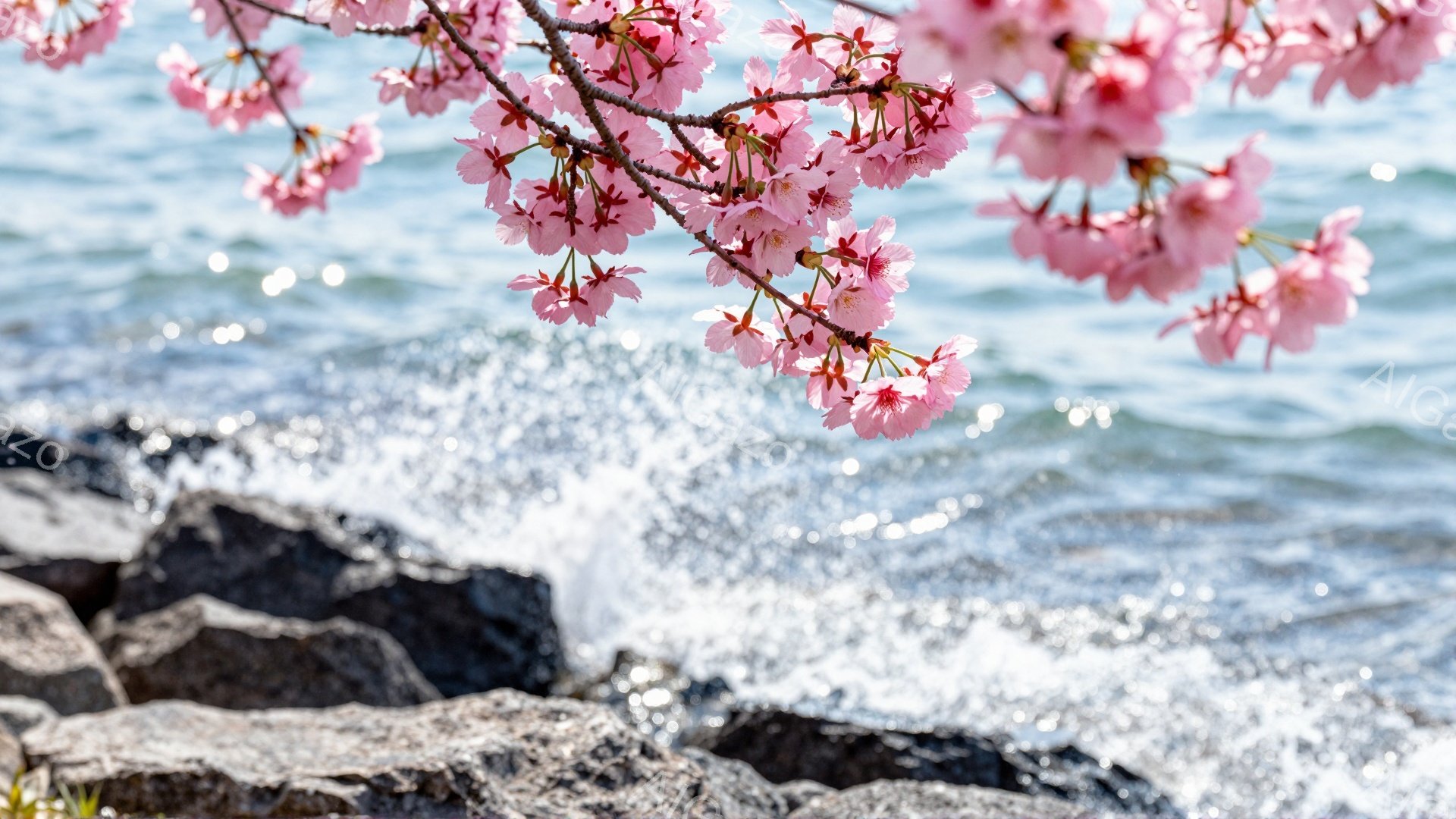 鮮やかなピンク色の桜の花が、黒い岩場とエメラルドグリーンの海を背景に咲き誇っています。波が岩に打ち寄せ、光が水面に反射してキラキラと輝き、春の穏やかな雰囲気を醸し出しています。桜の花びらは優しく風に揺れ、春の訪れを感じさせる美しい情景です。