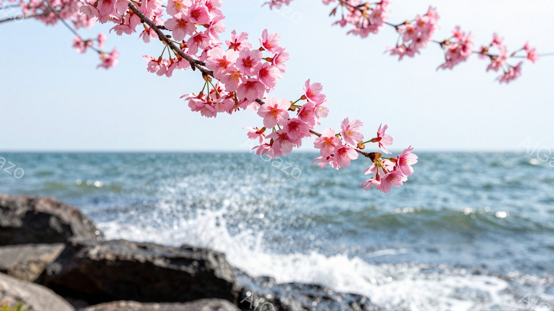 鮮やかなピンク色の桜の花が、岩場と青い海を背景に咲き誇っています。波が岩場に打ち寄せ、水しぶきが光り輝いています。穏やかな晴天の下、春の訪れを感じさせる、静かで美しい風景です。