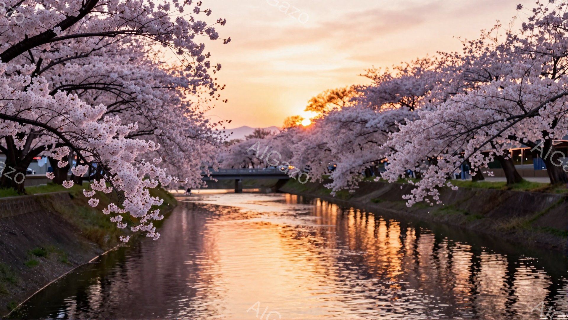 川沿いに桜並木が続き、水面に夕焼けが反射して黄金色に輝いている。遠くには山並みが見え、空はピンクとオレンジのグラデーションで、穏やかで幻想的な雰囲気を醸し出している。数人の歩行者が桜並木の下をゆっくりと歩いているが、その表情や服装ははっきりとは分からない。