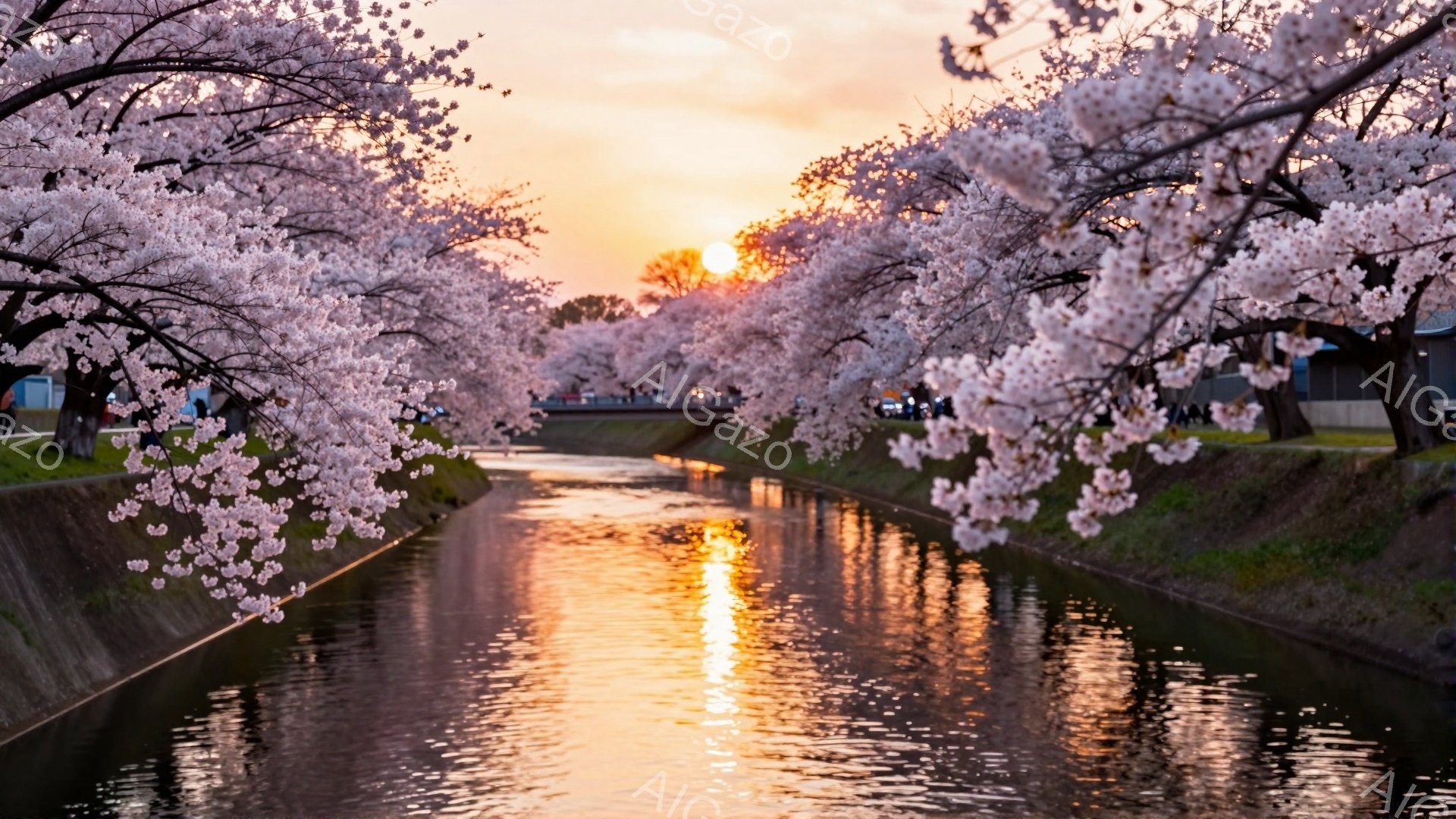 運河には桜が満開で、水面に夕焼けが反射して黄金色に輝いている。両岸には桜並木が続き、春の暖かさと穏やかな雰囲気が漂っている。背景には建物が見え、空は夕焼けの色合いで美しく、全体的に幻想的で平和な印象を - AI生成フリー素材