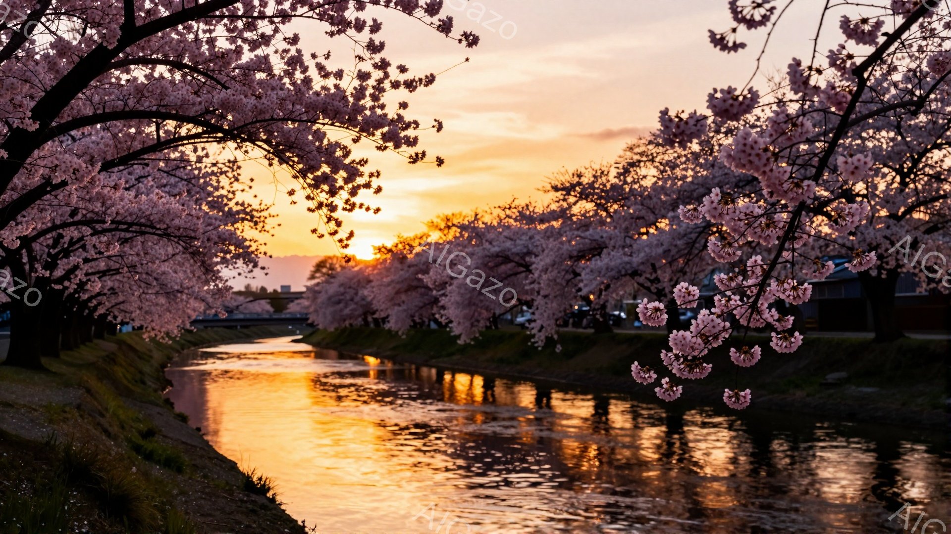 川沿いに桜並木が続き、水面に夕焼けが反射して黄金色に輝いている。桜の花びらは満開で、春の暖かさと穏やかな雰囲気を醸し出している。背景には住宅や建物が見え、全体的に安らぎと希望に満ちた美しい風景が広がっている。