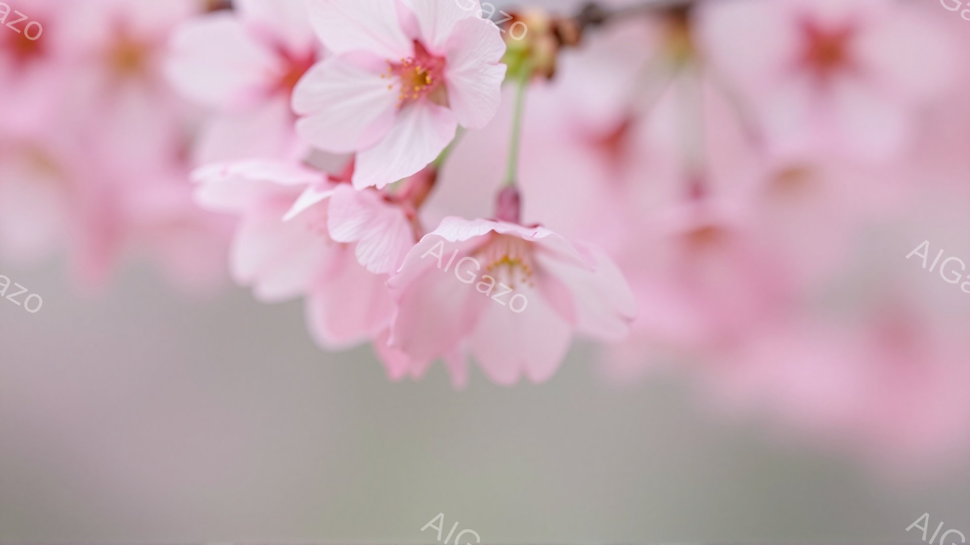 桜の花が咲き誇り、淡いピンク色が目に優しい風景です。背景はぼやけており、春の柔らかな光が感じられます。全体的に穏やかで、幻想的な雰囲気を醸し出しています。 - AI生成フリー素材