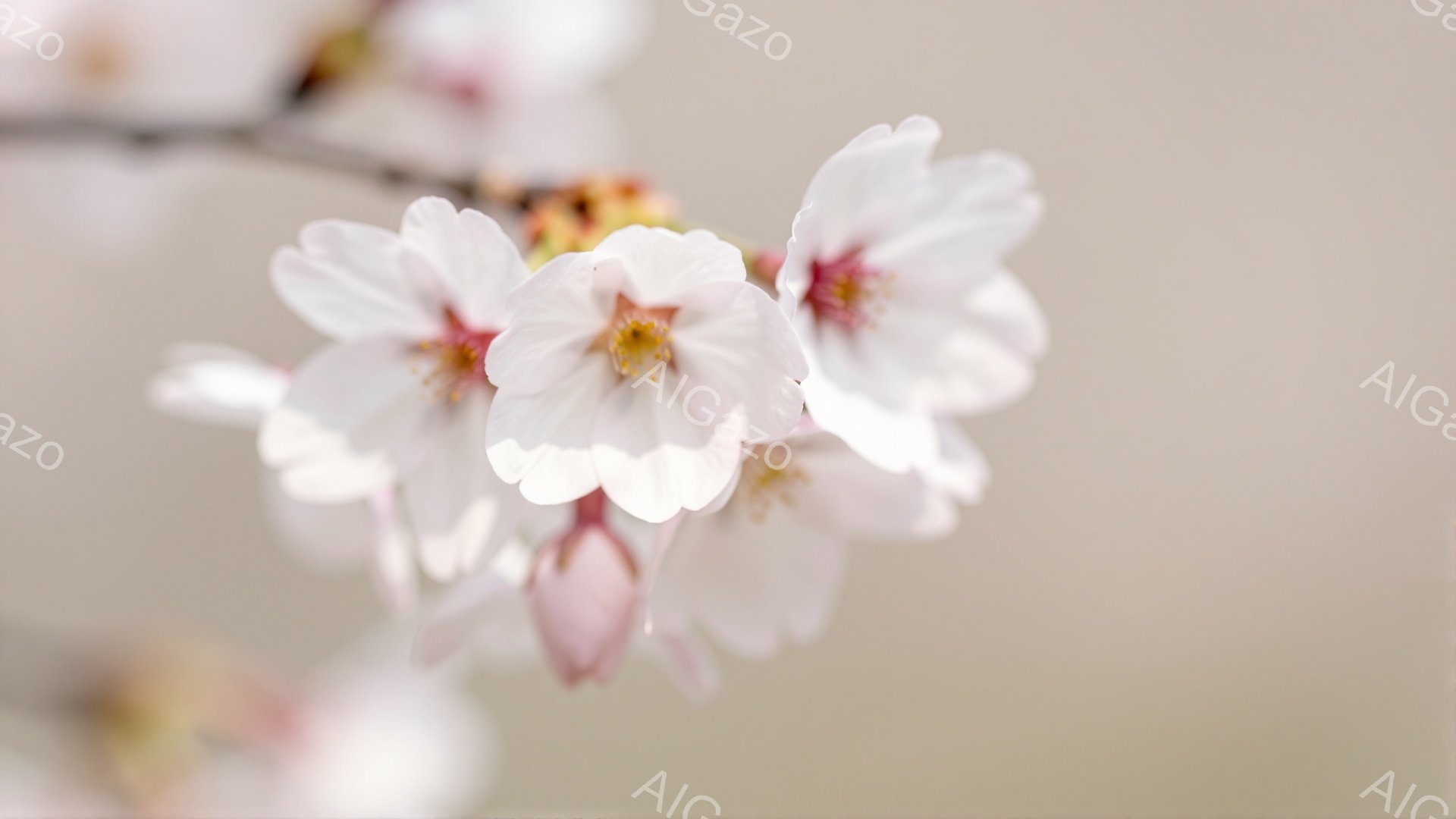 薄紅色の花びらが咲き誇る桜の花が、焦点の中心に捉えられています。蕾も混ざり、これから咲き誇る様子がうかがえます。背景は淡い色合いで、春の穏やかな雰囲気を醸し出しています。 - AI生成フリー素材