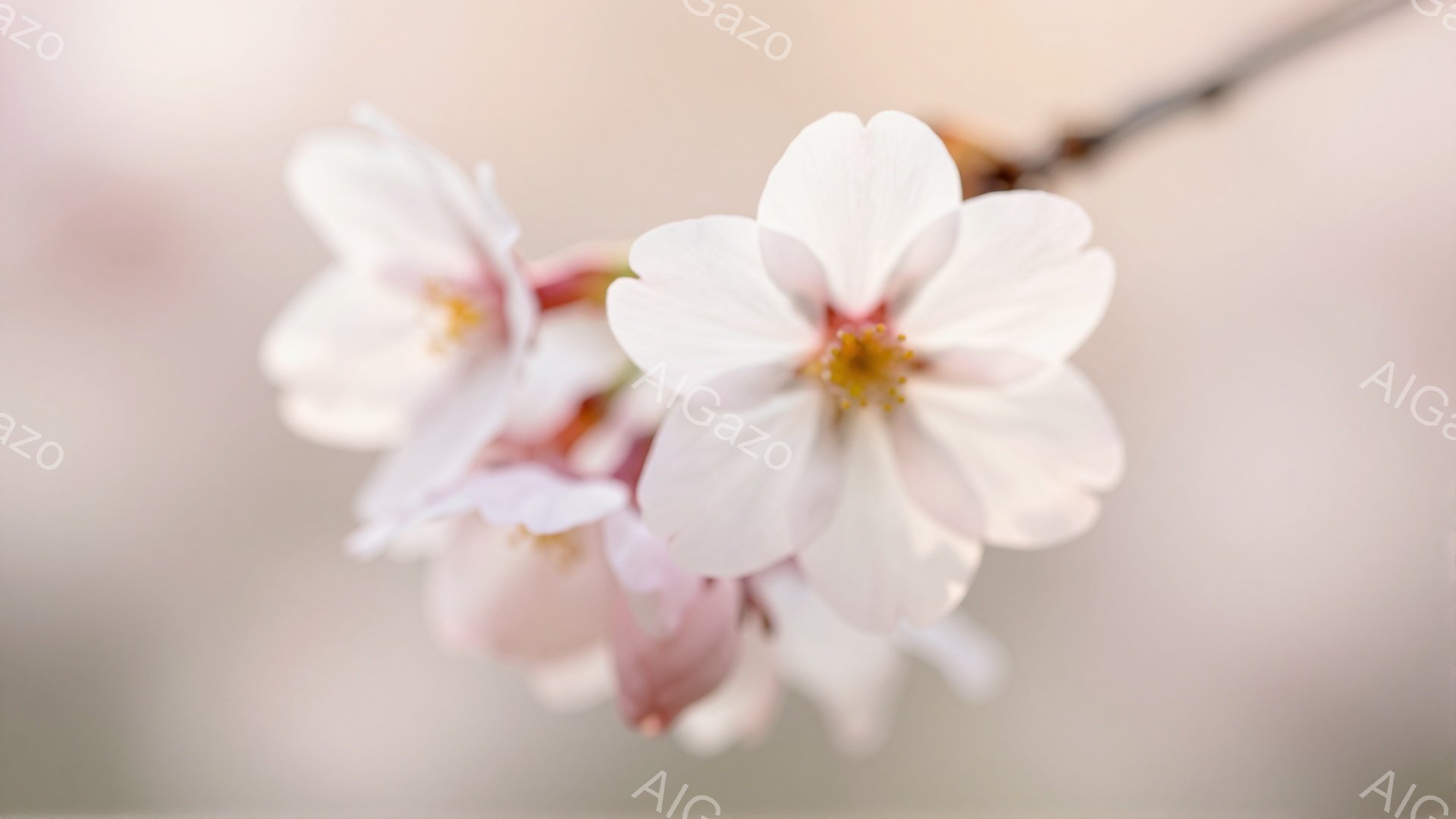 繊細な桜の花が、淡いピンクと白のグラデーションで咲き誇っている。背景はぼやけており、春の暖かく穏やかな雰囲気を醸し出している。花びらの柔らかい質感と、ほのかな光が、優美で詩的な印象を与える。