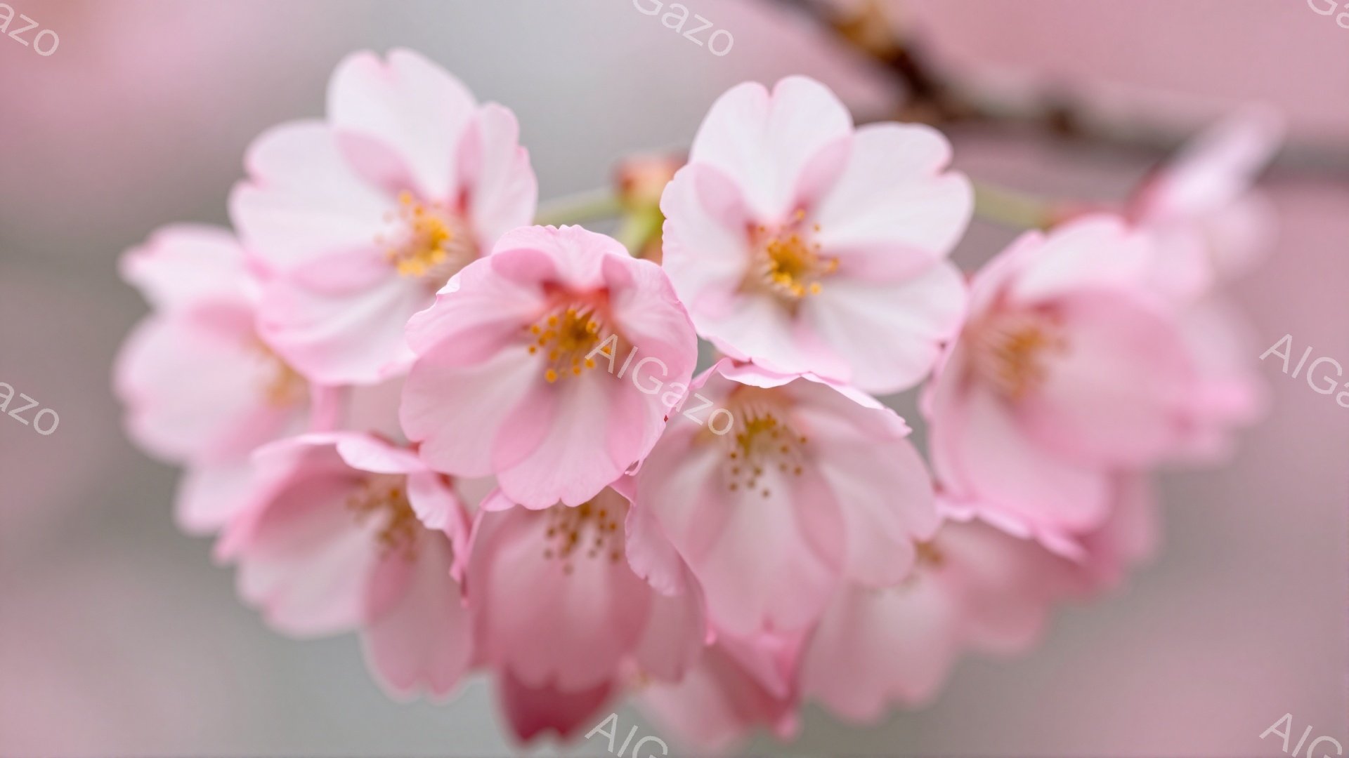 鮮やかなピンク色の桜の花が密集して咲き誇り、春の訪れを告げている。花びらは繊細で、中心部には黄色い花粉が散りばめられ、柔らかい光の中で美しさを際立たせている。背景は淡いぼかしで、桜の花の鮮やかさを引き立て、穏やかで優しい雰囲気を醸し出している。