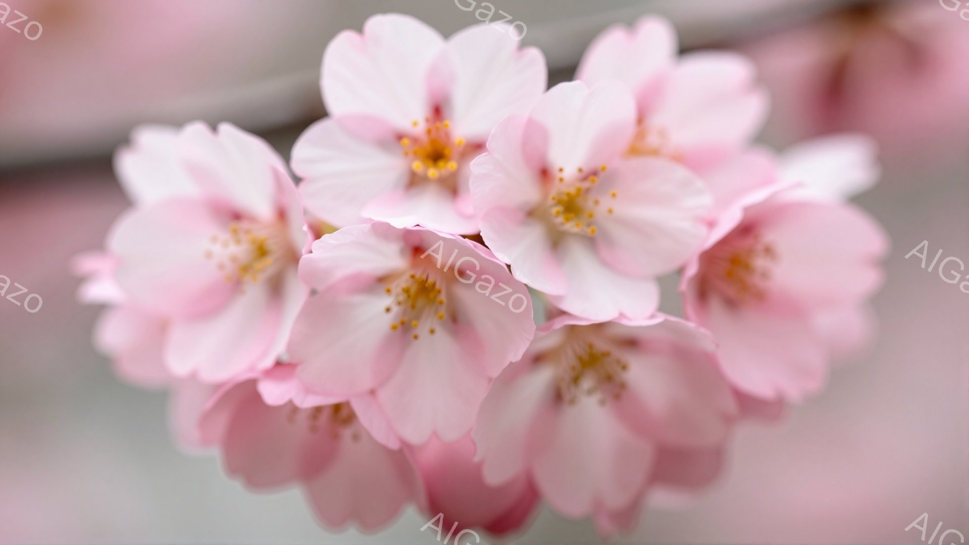 淡いピンク色の桜の花が、ぼんやりとした背景に美しく咲き誇っている。花びらは繊細で、中心には黄色い花粉がわずかに見える。春の穏やかさと優雅さを感じさせる、静かで美しい光景である。