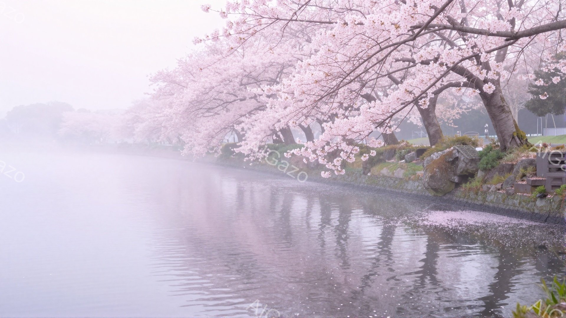 穏やかな水面に桜並木が映り込み、薄桃色の世界が広がっている。 桜の花びらが水面に散らばり、春の穏やかさと儚さを感じさせる。 背景には霞がかかり、幻想的な雰囲気を醸し出している。 - AI生成フリー素材