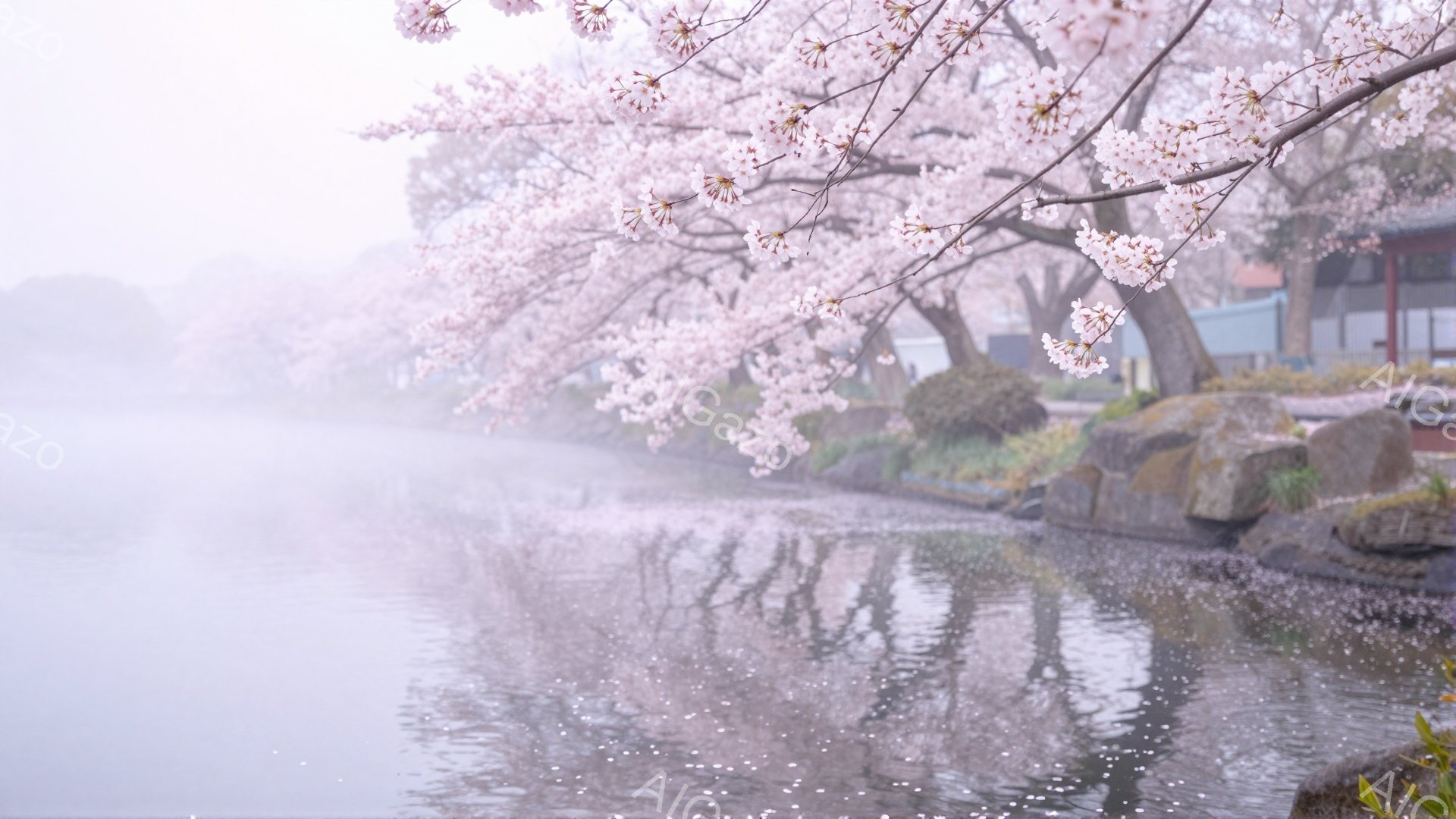 桜並木が湖面に沿って続き、散り始めた桜の花びらが水面に浮かんでいる様子が描かれている。背景は霧に包まれ、ぼんやりとした建物や緑が見え、幻想的な雰囲気を醸し出している。穏やかな水面と桜の花びらが作り出す景色は、春の儚さと美しさを感じさせる。