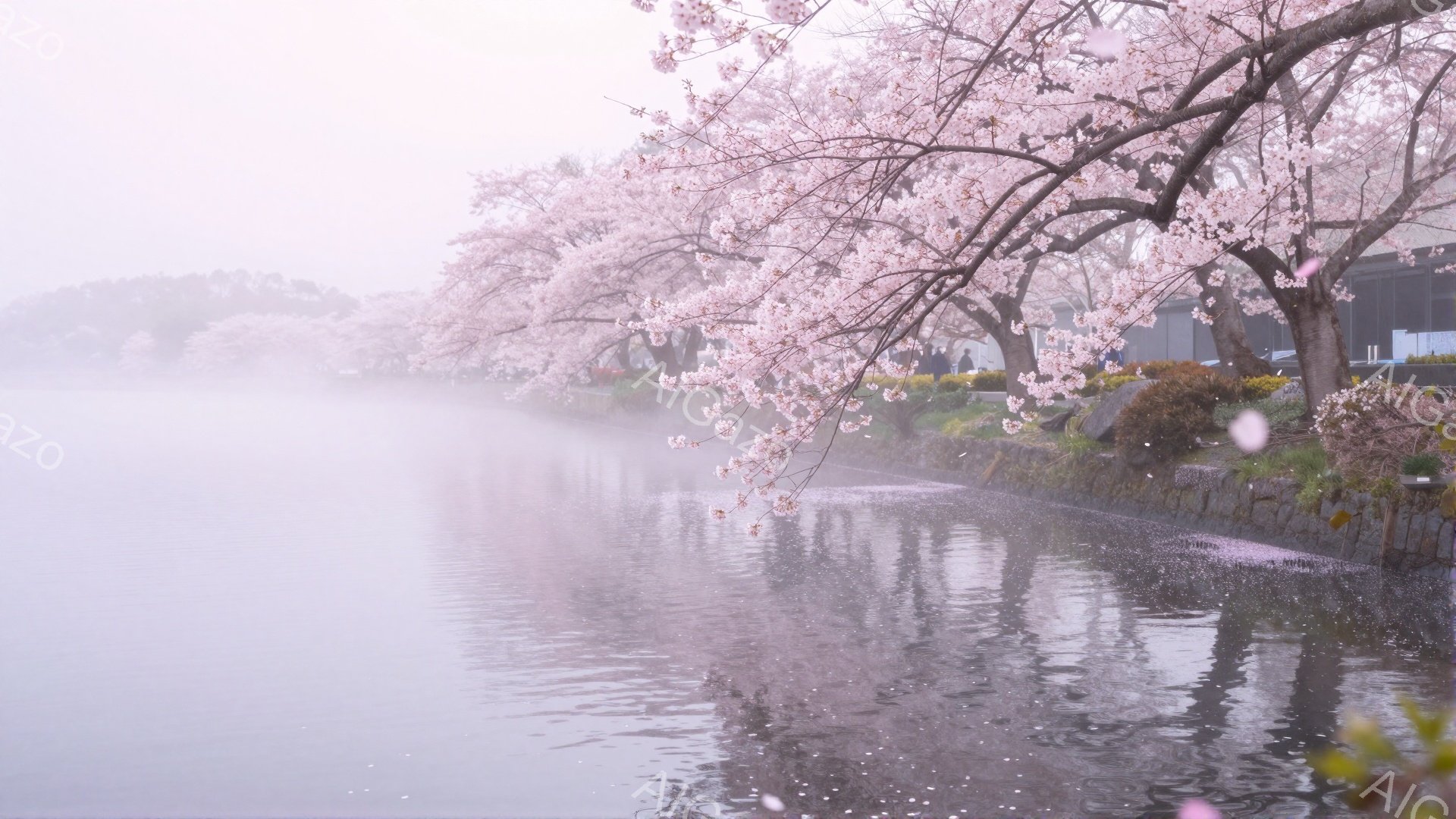 穏やかな湖畔に、桜が満開の美しい風景が広がっている。薄紫色の桜の花びらが、水面に散り、幻想的な雰囲気を醸し出している。遠景には、霞の中に建物が見え、春の柔らかな光に包まれた、静かで穏やかな情景である。 - AI生成フリー素材