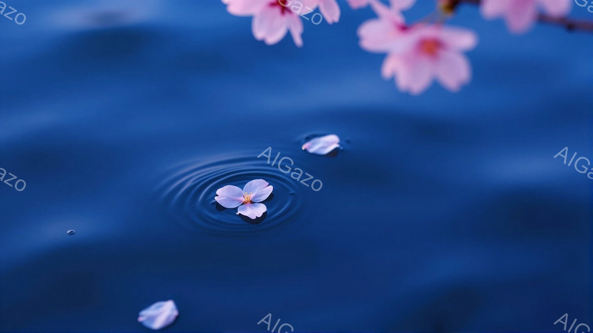 濃い青色の水面に、桜の花びらが数枚浮かび、水紋を作っています。花びらは淡いピンク色で、春の儚さや美しさを感じさせます。背景はぼやけており、桜の木の一部が見え、静かで穏やかな雰囲気を醸し出しています。