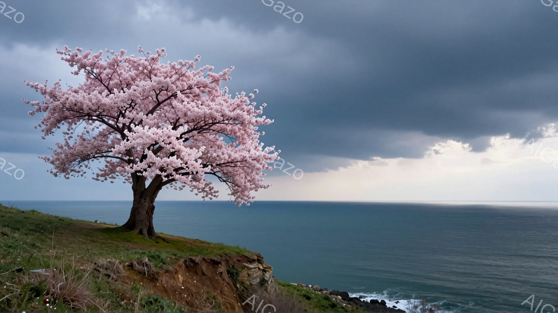 海を見下ろす崖の上に、満開の桜の木がそびえ立っている。濃い青色の海と、曇り空が広がり、桜の淡いピンク色が際立って見える。全体的に静寂で少し物悲しい、自然の美しさが際立つ風景だ。