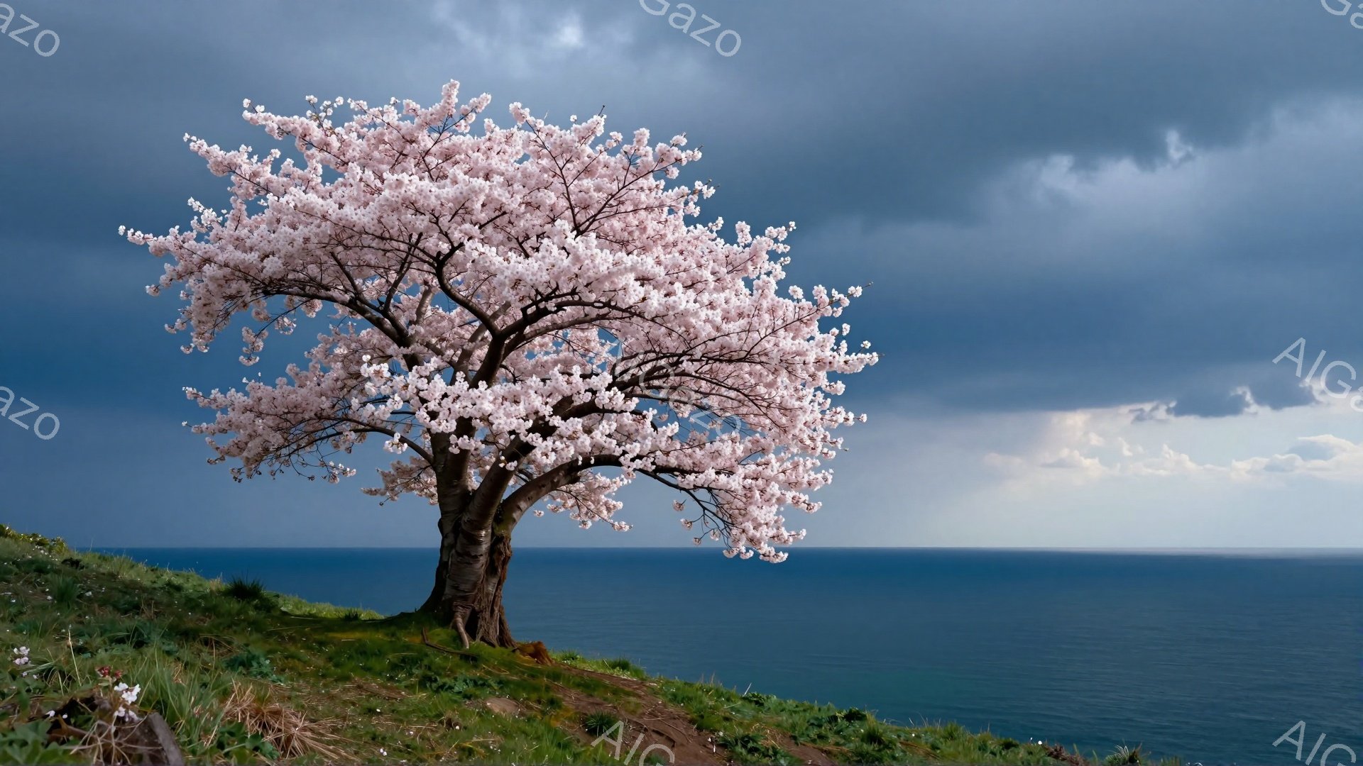 海を見下ろす丘の上に、一本の桜の木が咲き誇っている。空は曇り空で、木々の淡いピンク色が、青い海と暗い空とのコントラストを際立たせている。穏やかでありながら少し寂しげな、春の風景が広がっている。 - AI生成フリー素材