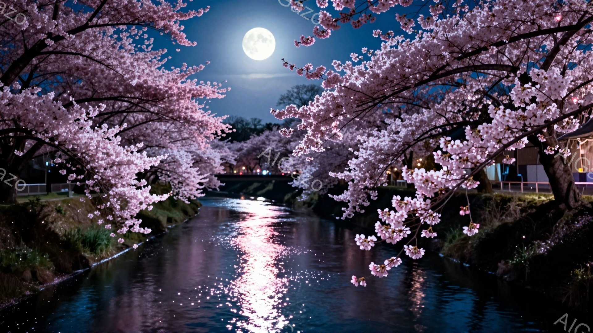夜空に満月が輝き、川面を優しく照らしています。両岸には桜が満開で、花びらが水面に散りばめられ、幻想的な光景を作り出しています。川沿いの緑も暗闇の中で際立ち、静かで穏やかな春の夜の雰囲気を伝えています。 - AI生成フリー素材