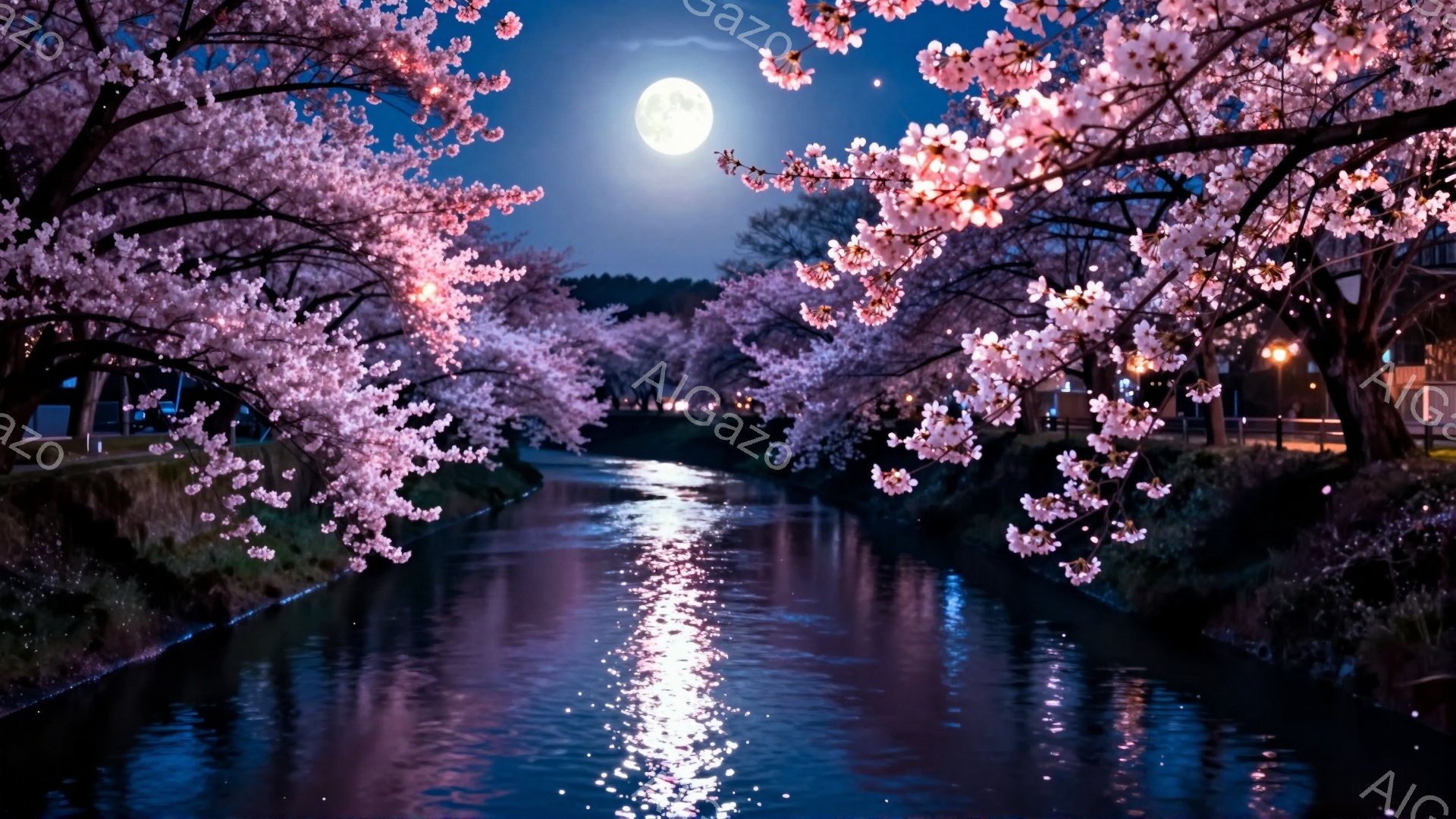 夜の川沿いに、満開の桜が咲き誇り、水面に月明かりと桜の花びらが反射して幻想的な光景を作り出している。川の両側には桜並木が続き、街灯の灯りも加わり、温かくロマンチックな雰囲気が漂っている。満月が空に輝き、春の夜の静寂と美しさを強調している。