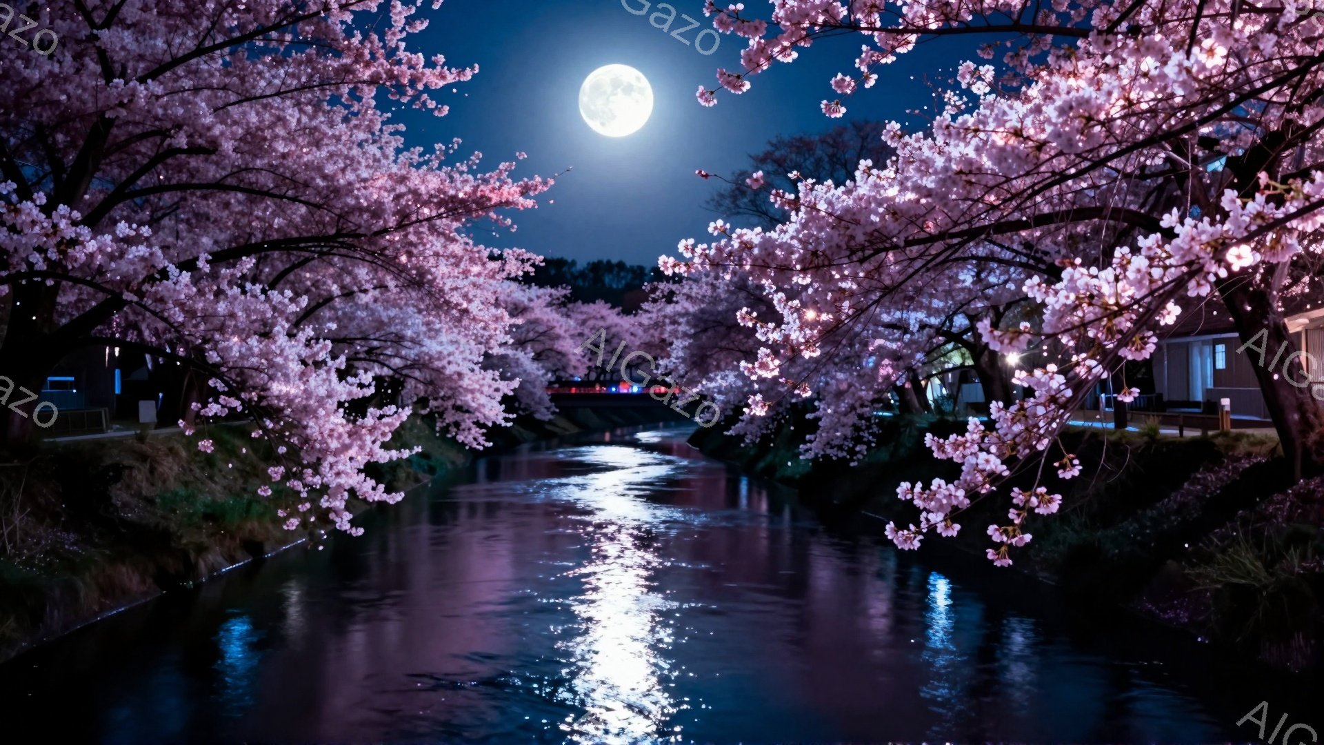 夜空には満月が輝き、川面にその光が反射して幻想的な光景を作り出しています。両岸には桜が咲き誇り、ピンク色の花びらが水面を覆い、まるで春の夢のような雰囲気を醸し出しています。遠くには建物の灯りがわずかに - AI生成フリー素材