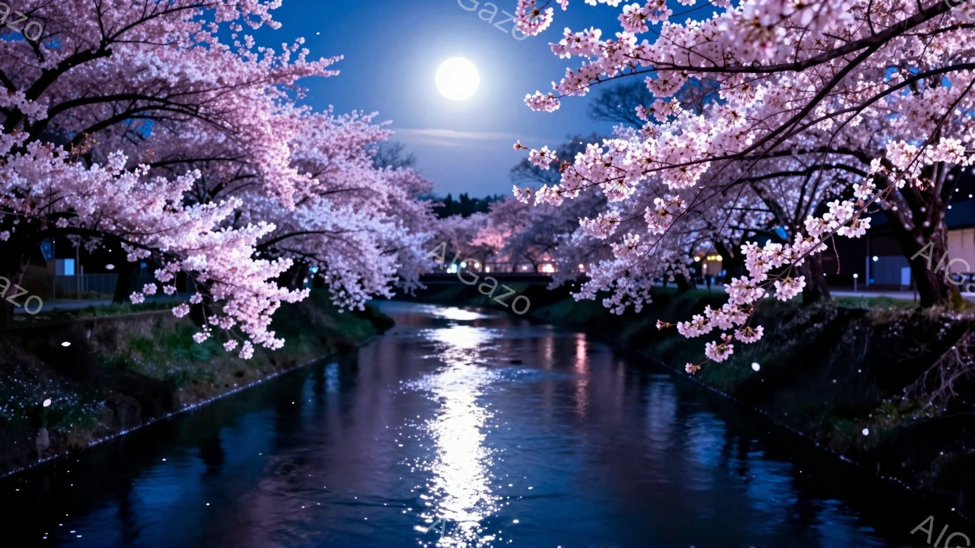 夜空に輝く満月を背景に、桜並木が両岸に咲き誇る運河の風景が広がっている。水面には月明かりと桜の花びらが反射し、幻想的な光景を作り出している。運河沿いには街灯が灯り、遠景には建物が見えるが、全体的に静寂 - AI生成フリー素材