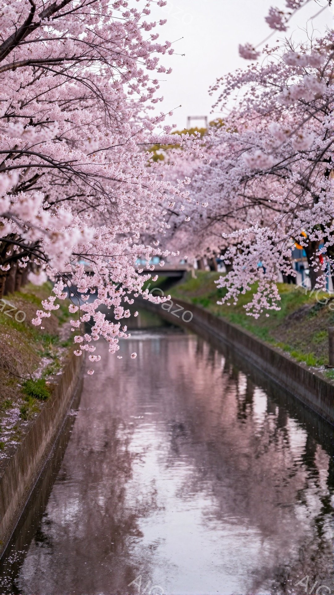 満開の桜並木が水路の両側に咲き誇り、ピンク色の花びらが水面に散らばっています。水路はコンクリートで囲まれ、その先には建物が見え、背景には薄い雲が広がる穏やかな春の日です。全体的に、桜の美しさと静けさが伝わる、優雅で平和な雰囲気の画像です。
