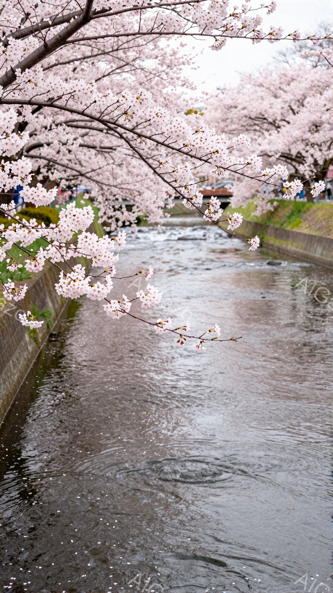 満開の桜並木が、水路に沿って美しいトンネルを形成している。水面には花びらが散り、水路全体がピンク色に染まっているように見える。背景には、ぼんやりと人影が見え、春の穏やかで優しい雰囲気を醸し出している。 - AI生成フリー素材