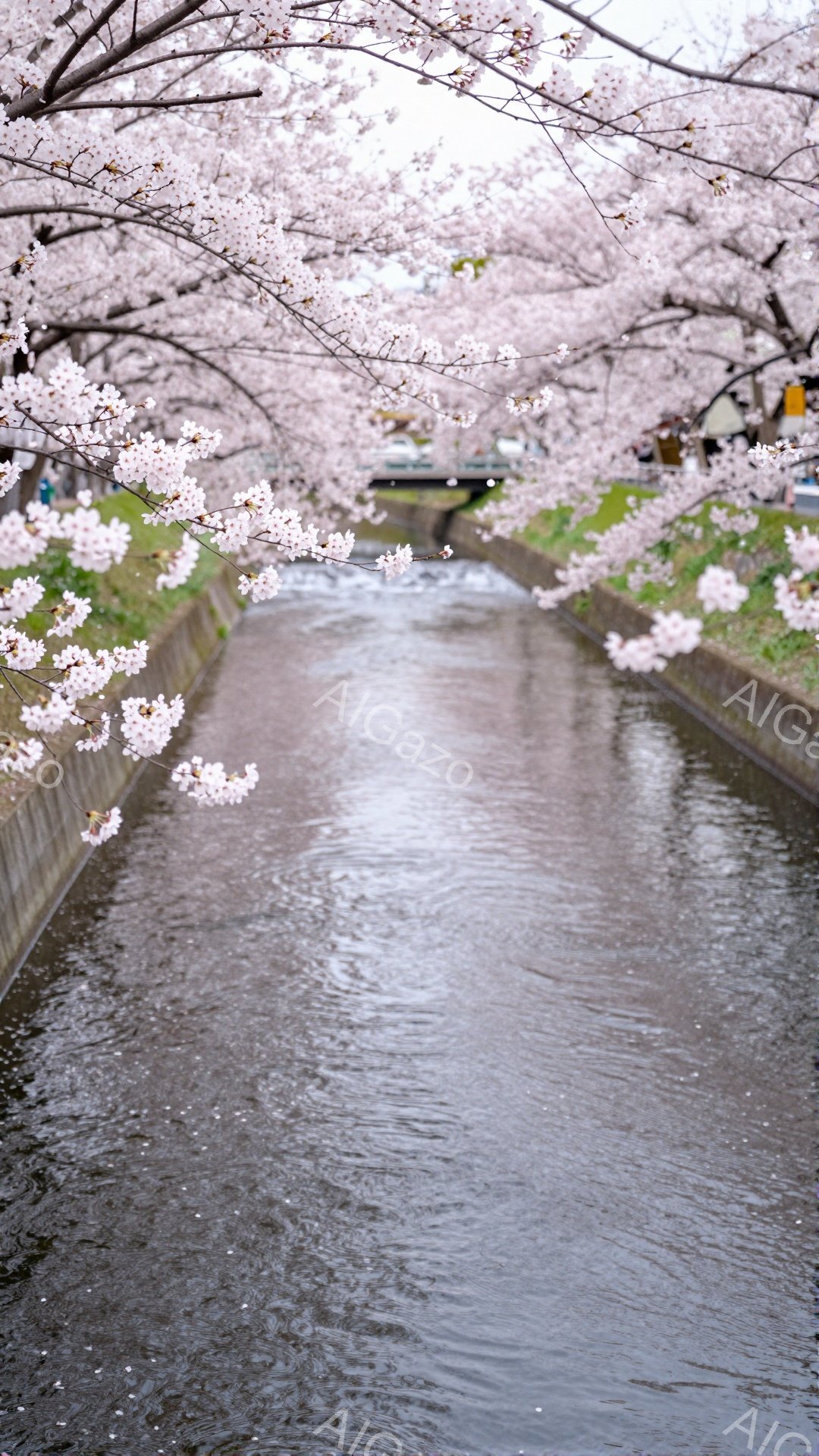 川沿いに桜並木が続き、淡いピンク色の花びらが水面や遊歩道を覆っている。コンクリートの護岸と緑の芝生が桜の美しさを引き立て、穏やかな春の陽気が感じられる。遠くには橋が見え、静かで穏やかな春の情景が広がっ - AI生成フリー素材