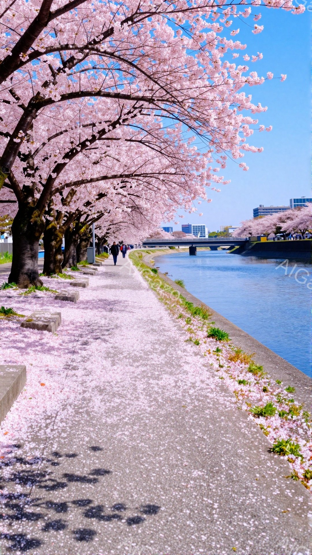 桜並木が続く遊歩道を人々が散歩している様子が写っている。人々はカジュアルな服装で、春の陽気を楽しんでいるようだ。背景には穏やかな水面と遠くに見える建物があり、春の暖かさと穏やかな雰囲気が伝わってくる。 - AI生成フリー素材