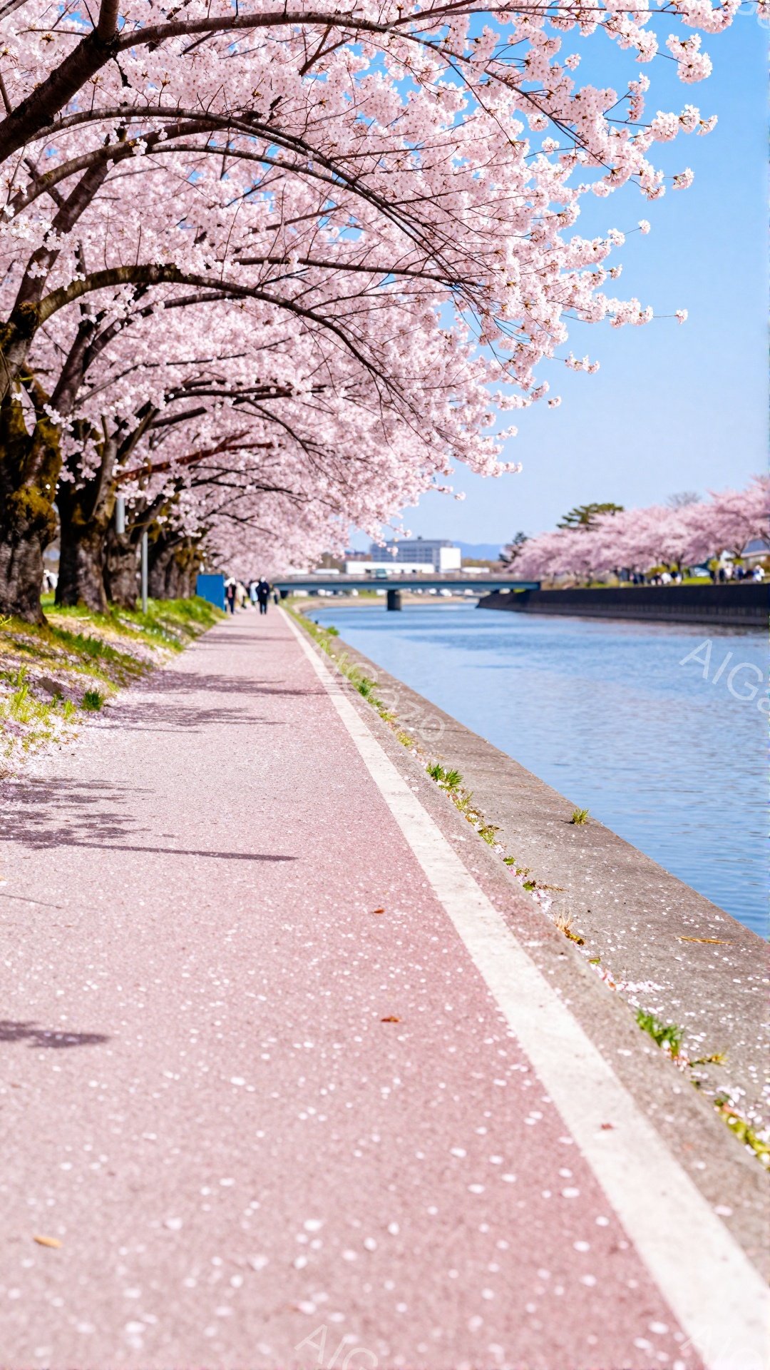 満開の桜並木が続く遊歩道が写っている。桜の花びらが地面をピンク色に染め、水面にもわずかに漂っている。遠景には建物が見え、晴天の下、穏やかな春の雰囲気が漂っている。 - AI生成フリー素材