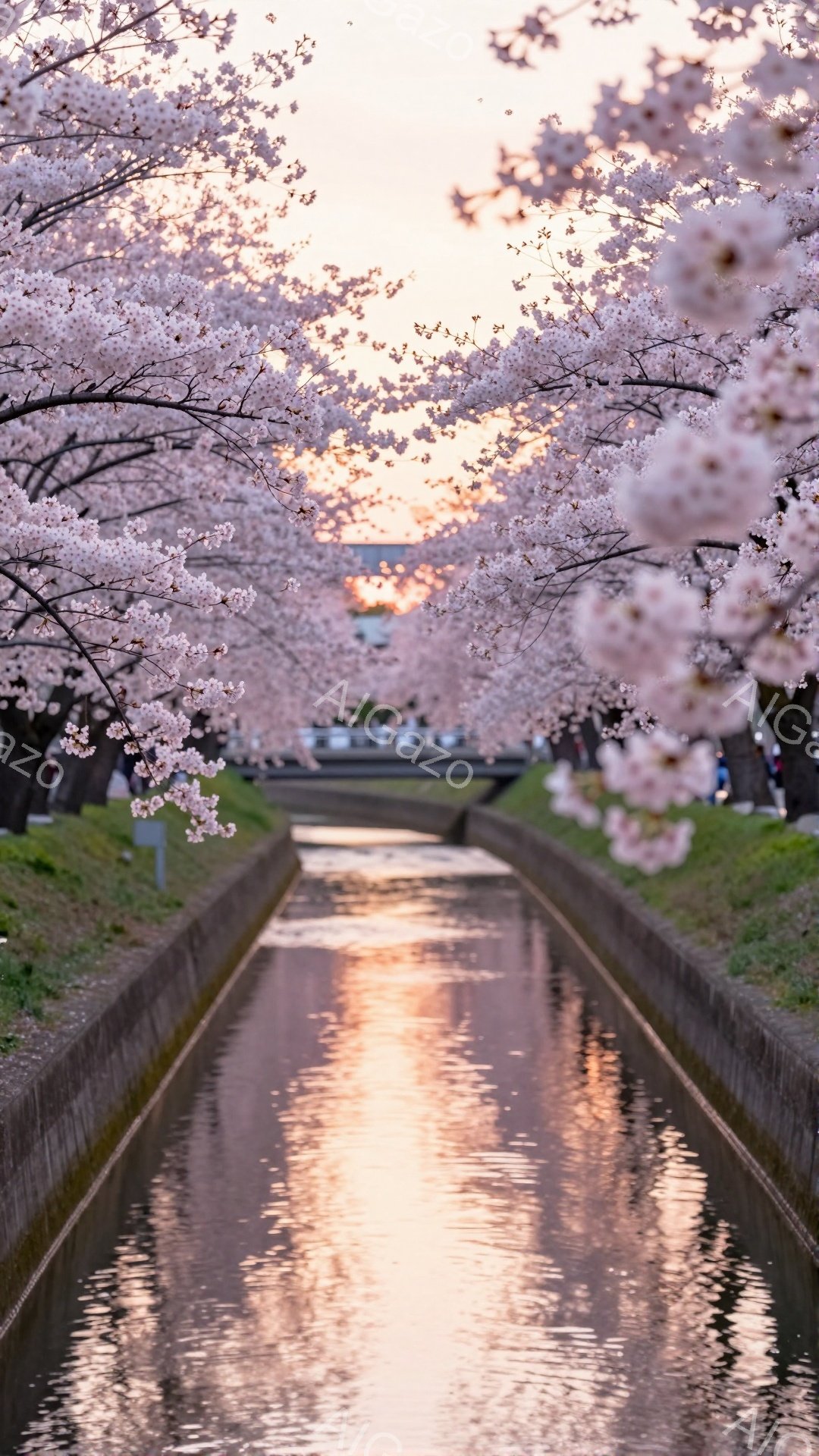 満開の桜並木が続く水路は、夕焼けの光を反射してピンク色に輝いている。コンクリート製の水路の壁と、その両脇に広がる緑の芝生が、桜の美しさを引き立てている。穏やかな雰囲気で、春の訪れを感じさせる美しい光景である。
