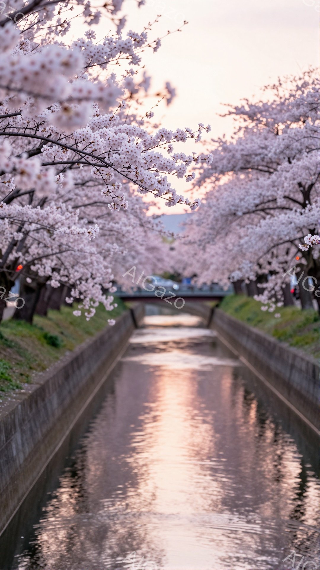 桜並木が続く運河の美しい風景です。水面に映る桜と空のピンク色が調和し、穏やかな春の雰囲気を醸し出しています。遠くには霞んだ建物が見え、全体的に幻想的な印象を与えます。 - AI生成フリー素材