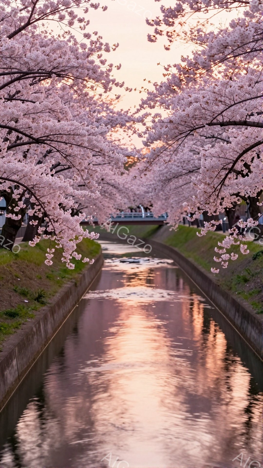 運河の両側に桜並木が咲き誇り、水面にピンク色の花びらが反射して美しい光景を作り出しています。空は夕焼けの名残で淡いピンク色に染まり、運河の水面と相まって幻想的な雰囲気を醸し出しています。穏やかな水面と - AI生成フリー素材