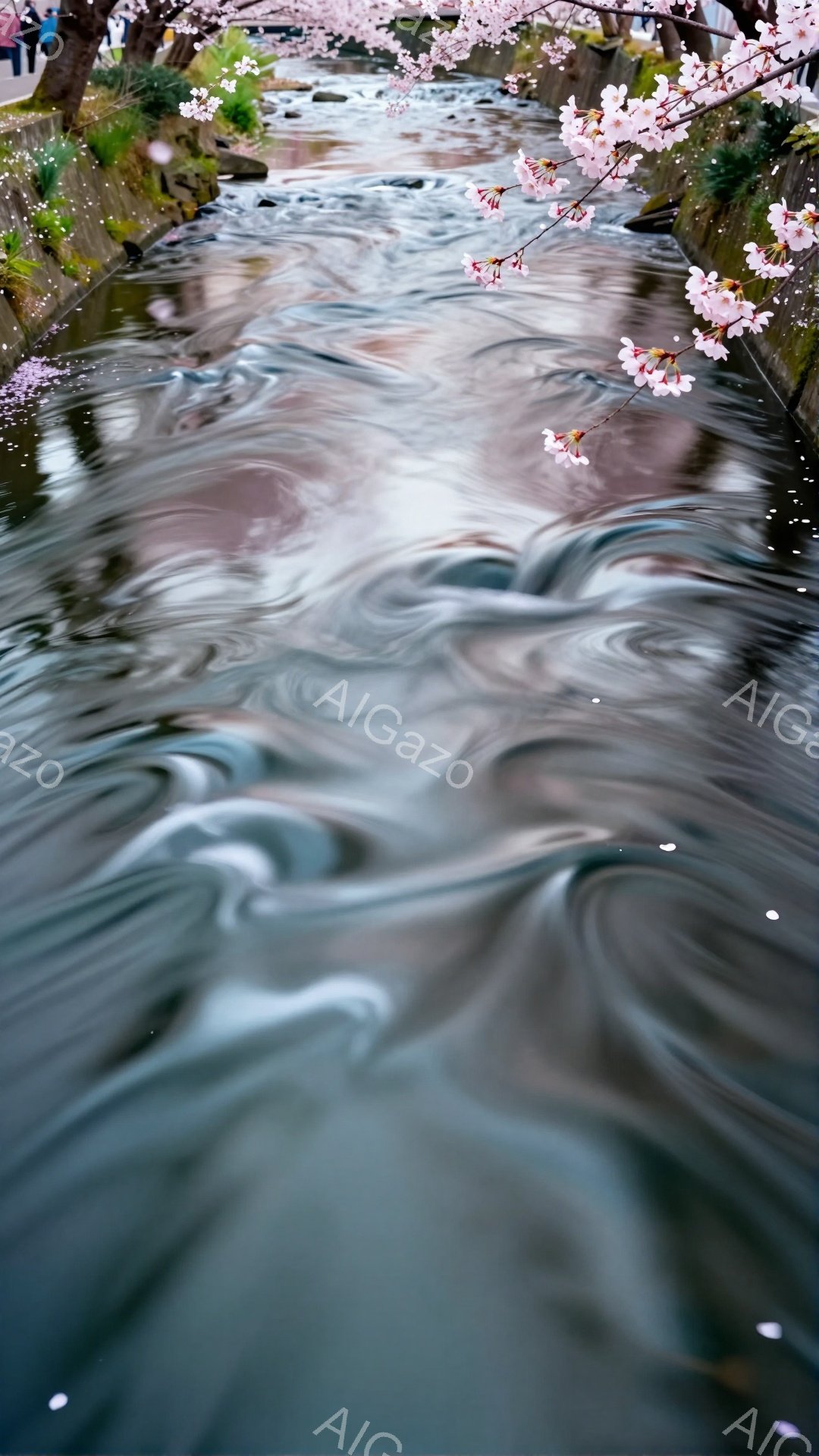 浅い水路が、桜の花びらとともに流れる様子を捉えた写真です。水面には桜並木の影が映り込み、淡いピンクとグレーの美しいコントラストを生み出しています。春の穏やかさと、自然の美しさを感じさせる、優雅な雰囲気の写真です。