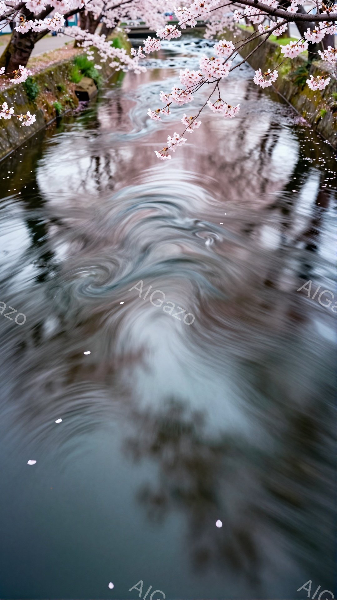 浅い水路に桜の花びらが舞い散り、水面に美しい渦模様を描いている。岸辺には桜の枝が咲き誇り、花びらが水面を覆っている様子が伺える。全体的に穏やかで幻想的な雰囲気が漂い、春の訪れを感じさせる。