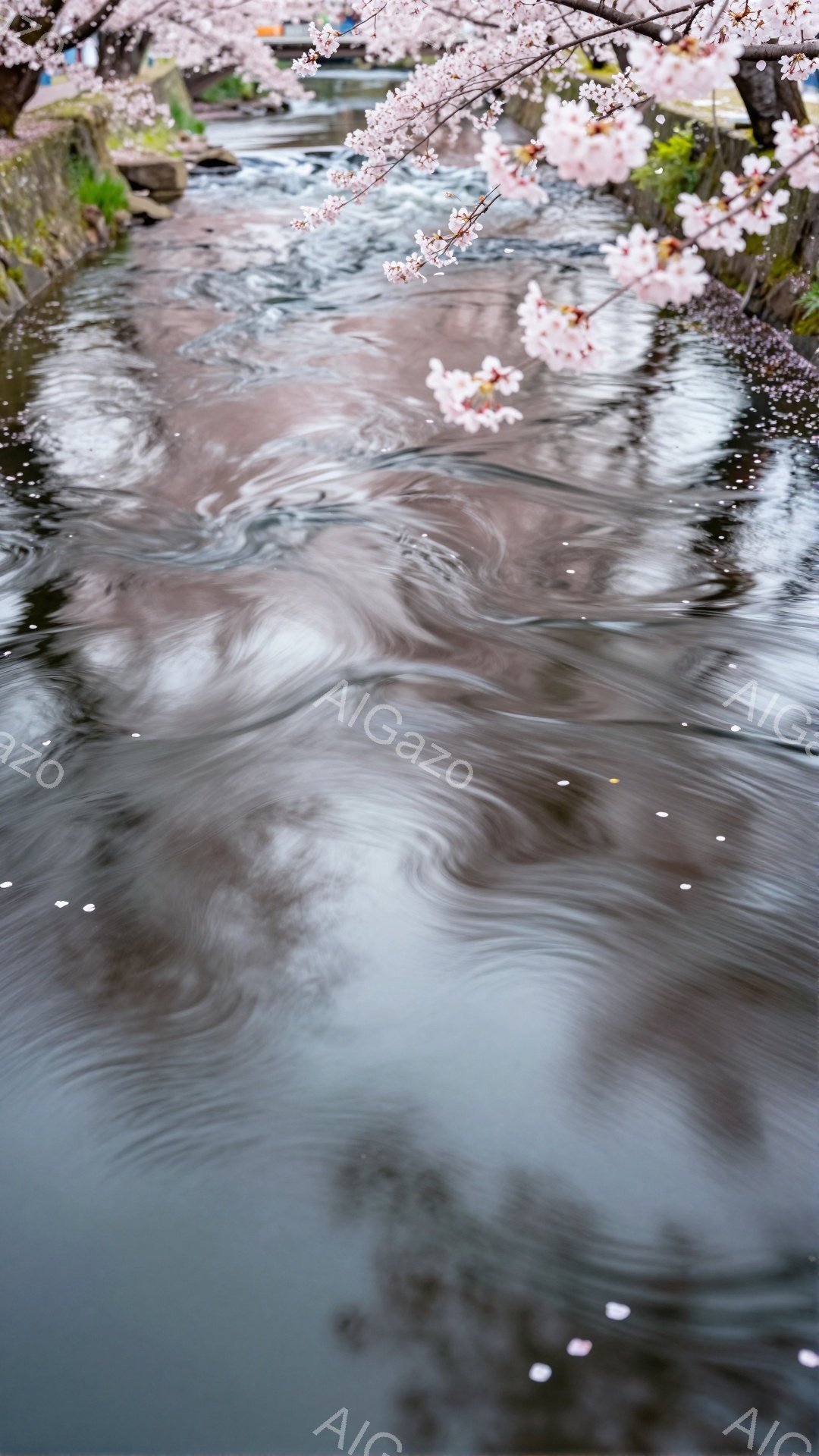 浅い川の水面には、桜の花びらが点在し、水紋が複雑な模様を描いている。川沿いには桜の木が咲き誇り、その枝と花が水面に映り込んでいる。春の穏やかな日差しと、散りゆく桜の花びらが、静かで美しい雰囲気を醸し出 - AI生成フリー素材
