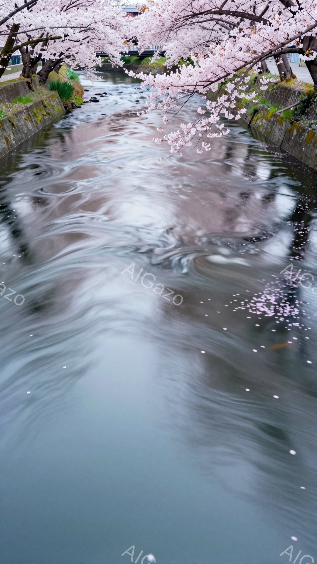 桜の花びらが水面に散りばめられ、穏やかな水流がその美しい反射を生み出している。コンクリート製の土手と背景の建物、そして桜の木々が春の風景を彩り、全体的に静かで幻想的な雰囲気を醸し出している。水面の波紋 - AI生成フリー素材