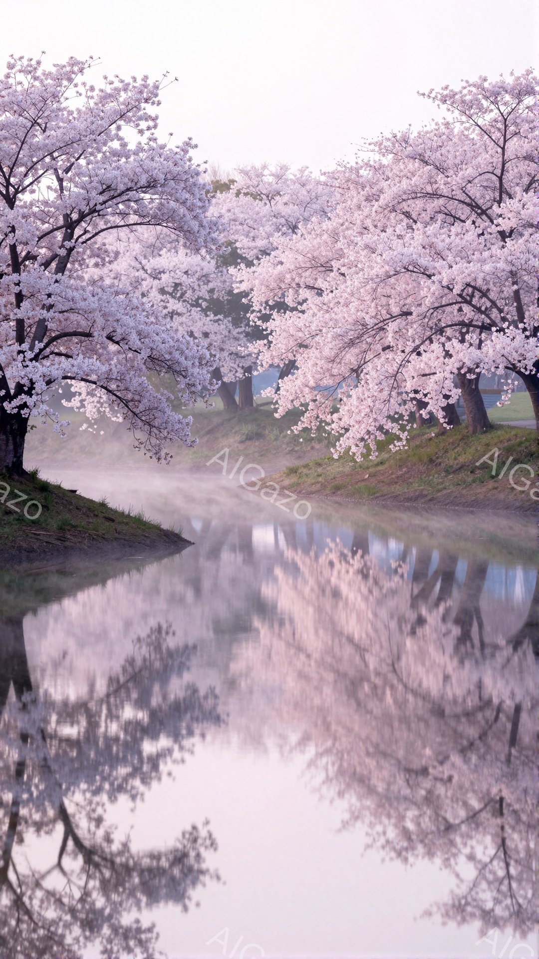 穏やかな水面に桜並木が美しく映り込み、幻想的な風景を作り出している。薄紫色の桜の花びらが水面を覆い、まるで絵画のような柔らかい雰囲気が漂っている。背景には霞がかった緑の丘が見え、春の穏やかな息吹を感じ - AI生成フリー素材
