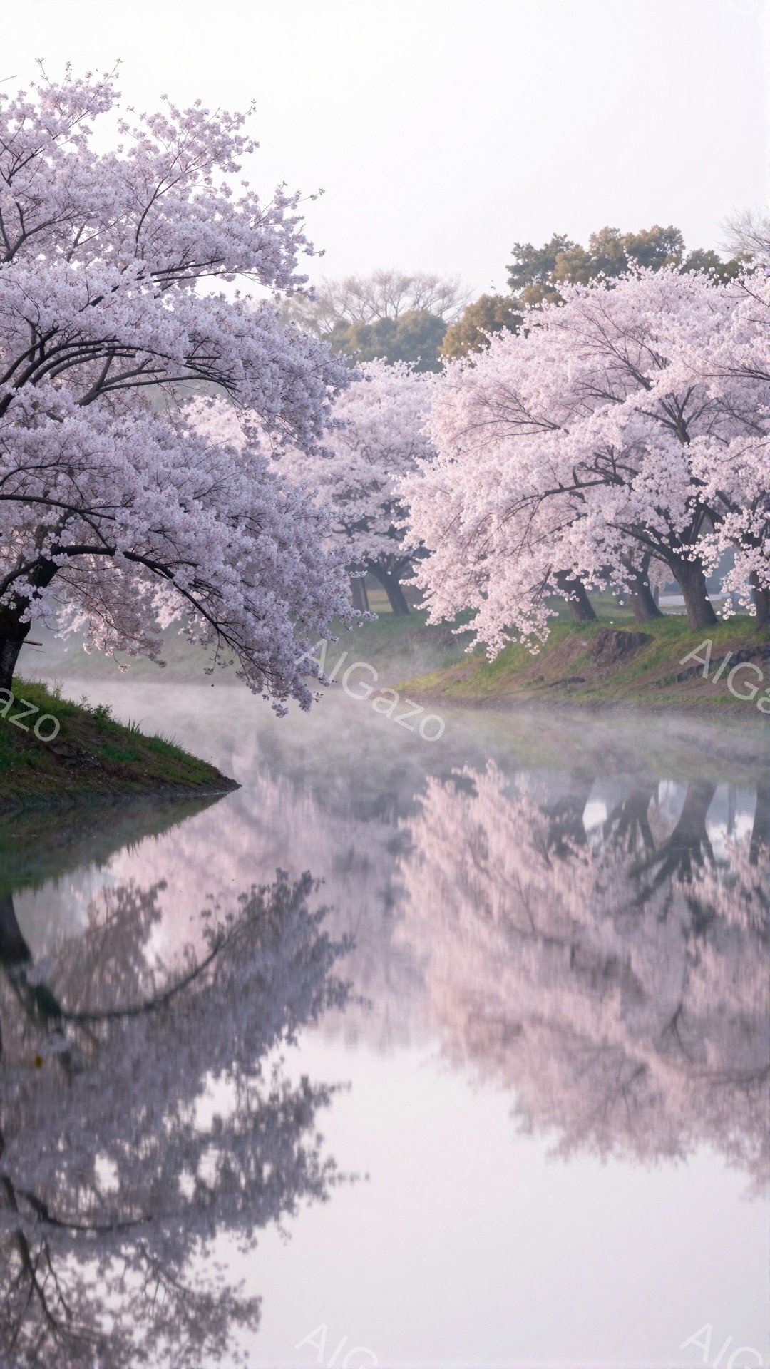 穏やかな水面に桜並木が美しく映り込み、幻想的な風景が広がっています。薄い霧が立ち込め、桜の花びらが水面を漂うように見え、春の訪れを感じさせる静寂な情景です。桜の淡いピンク色と水面の反射が織りなす景色は - AI生成フリー素材
