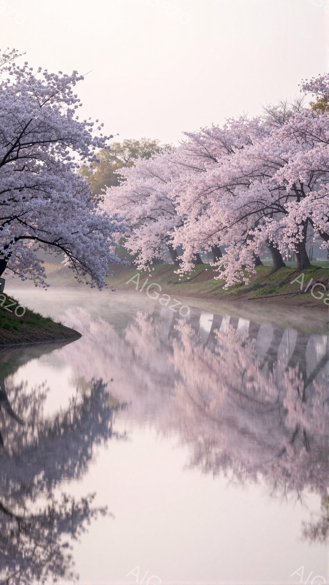 穏やかな水面に桜並木が美しく映り込み、幻想的な風景を作り出している。薄紫色の桜の花びらが、水面と空を柔らかい色で染め上げ、春の穏やかな息吹を感じさせる。朝靄が立ち込め、桜並木全体をぼんやりと包み込み、 - AI生成フリー素材