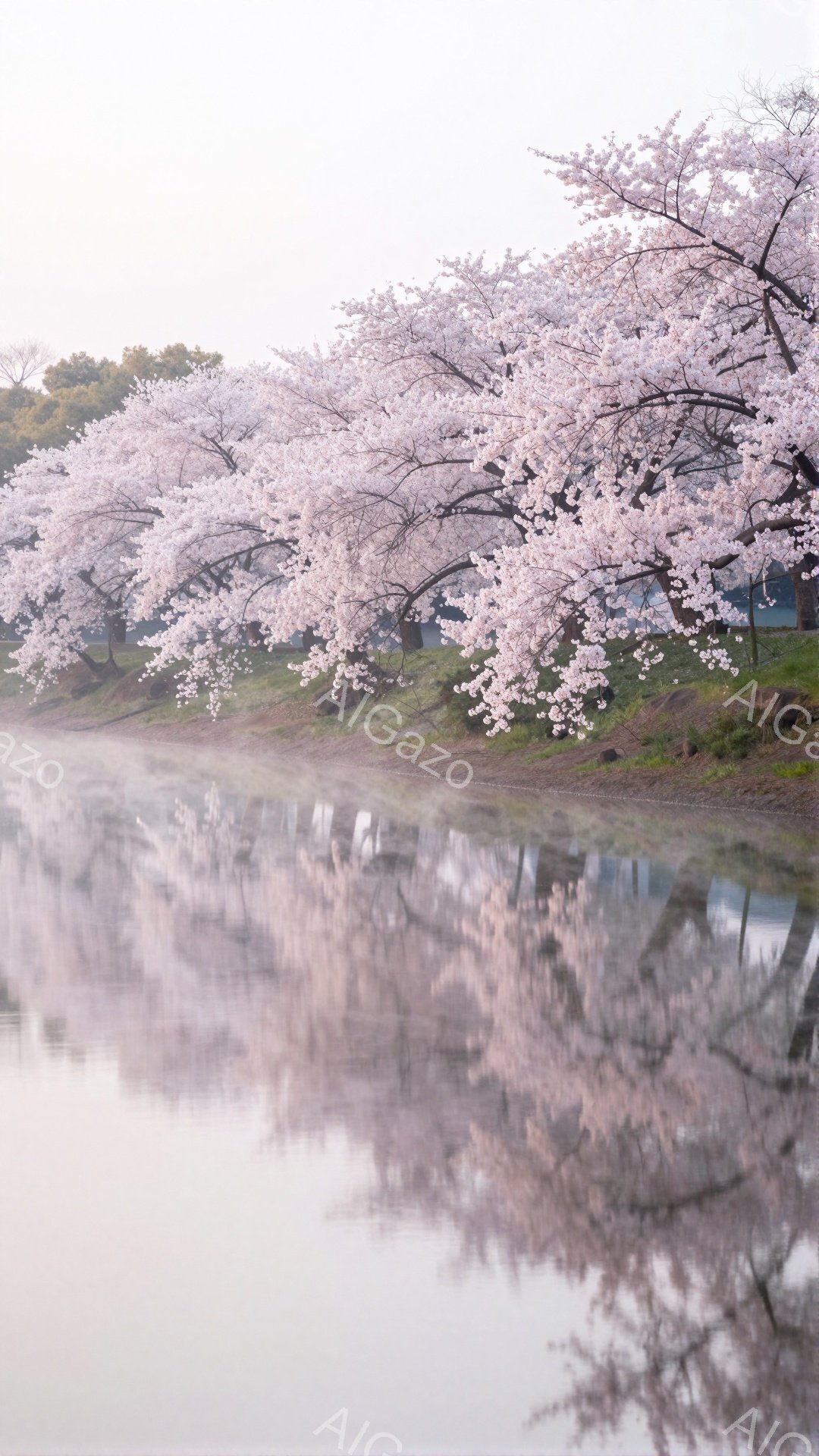 穏やかな水面に桜並木が美しく映り込み、幻想的な風景を作り出している。淡いピンク色の桜の花びらが、水面に波紋を作り、春の訪れを感じさせる。朝霧が立ち込め、桜並木全体が柔らかくぼんやりとした雰囲気に包まれている。